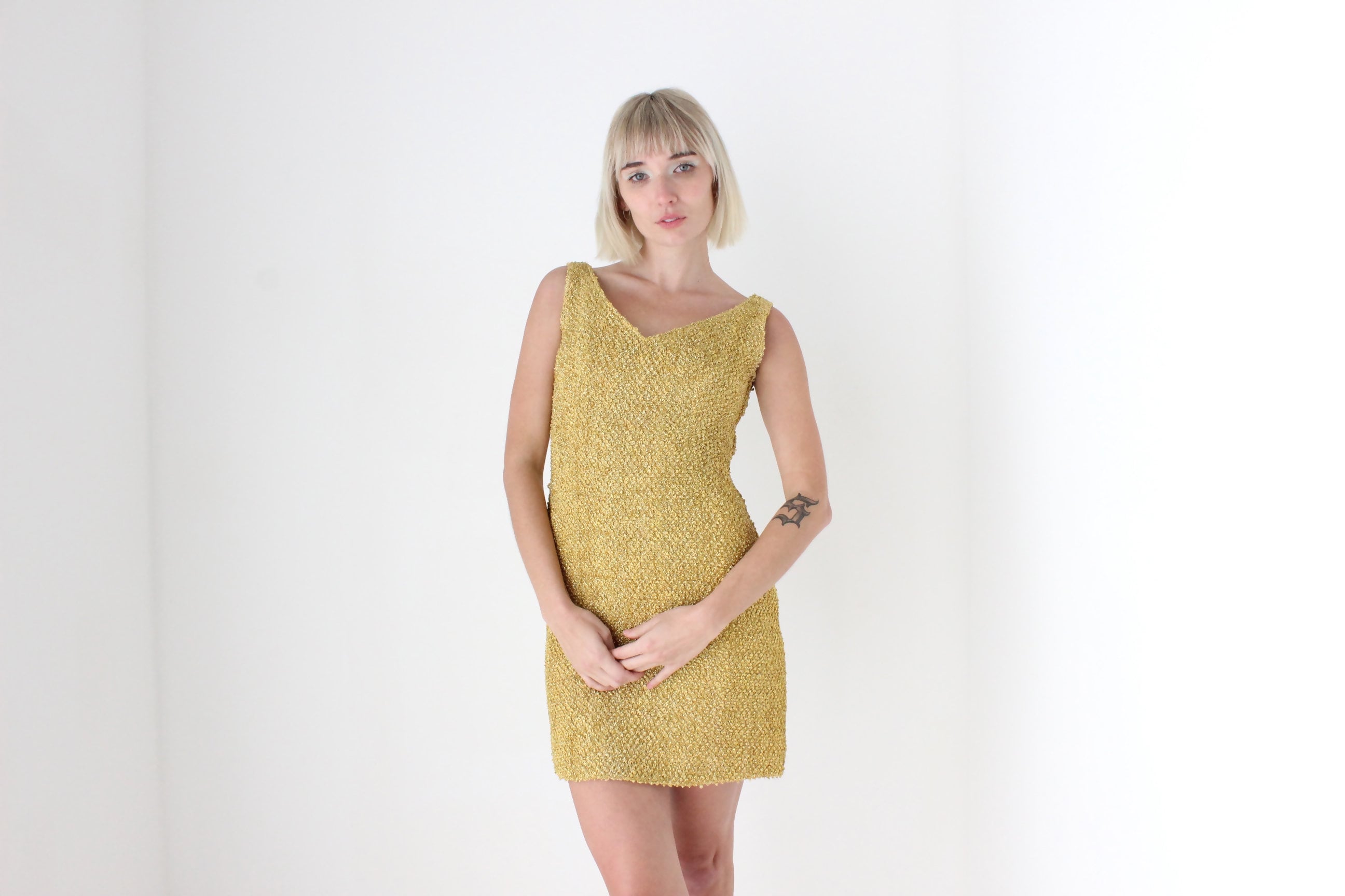 60s Golden Metallic Boucle Knit Marylin Mini