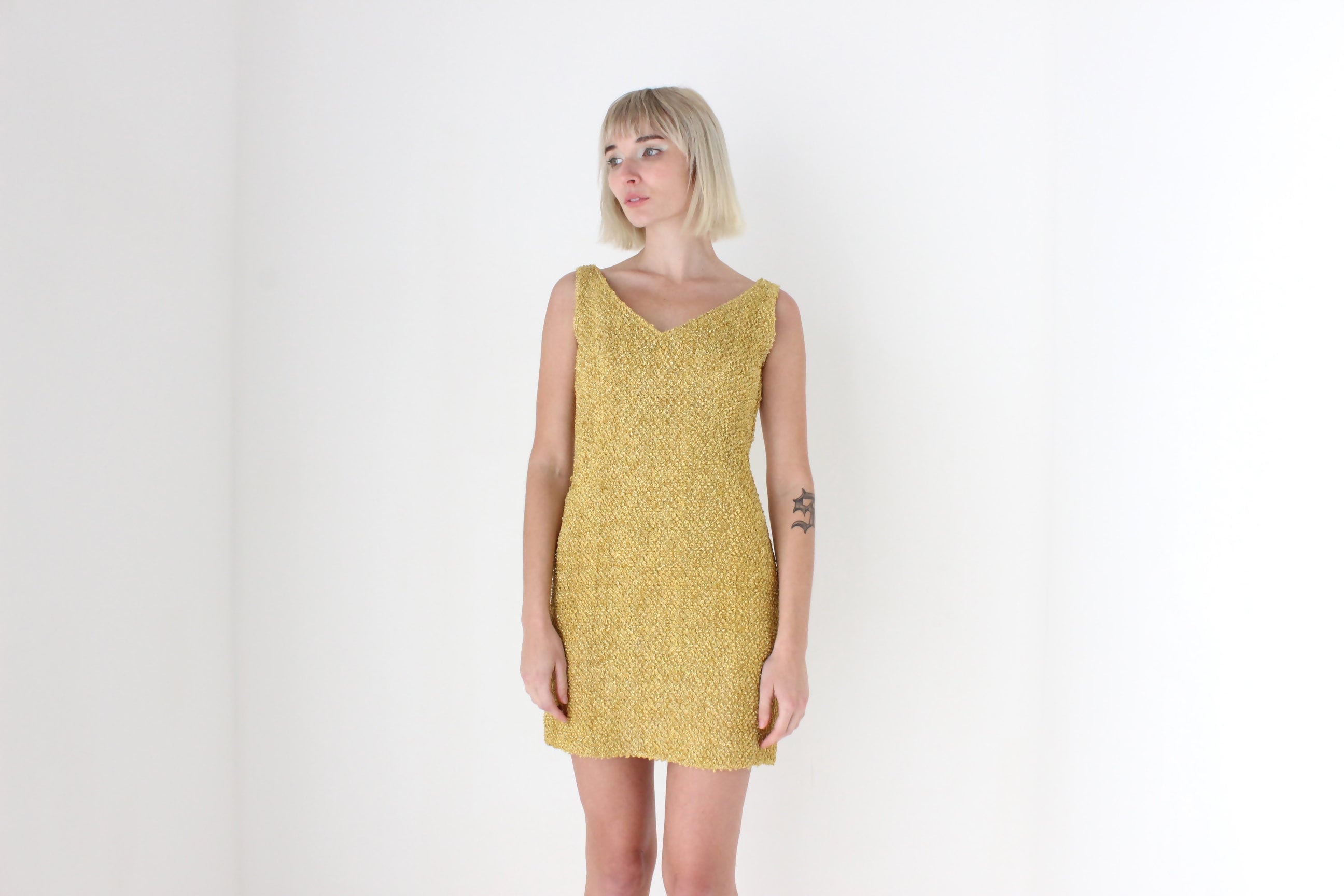 60s Golden Metallic Boucle Knit Marylin Mini