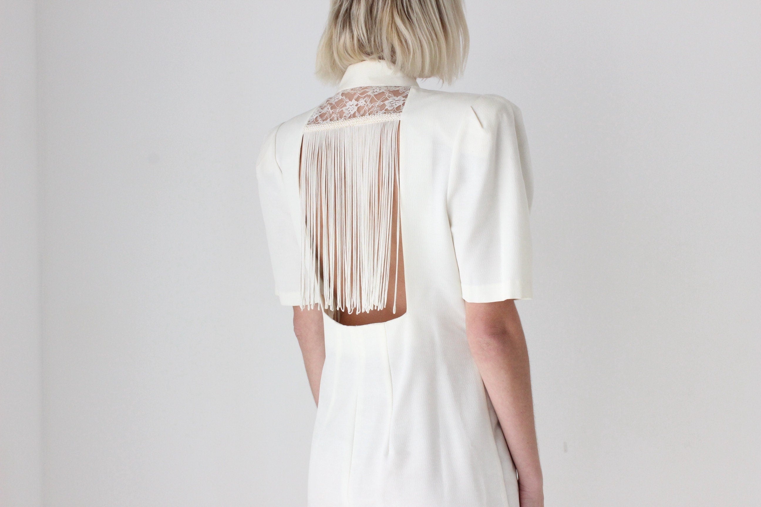 80s Bold Shoulder Button Up Dress w/ Fringe Cut Out