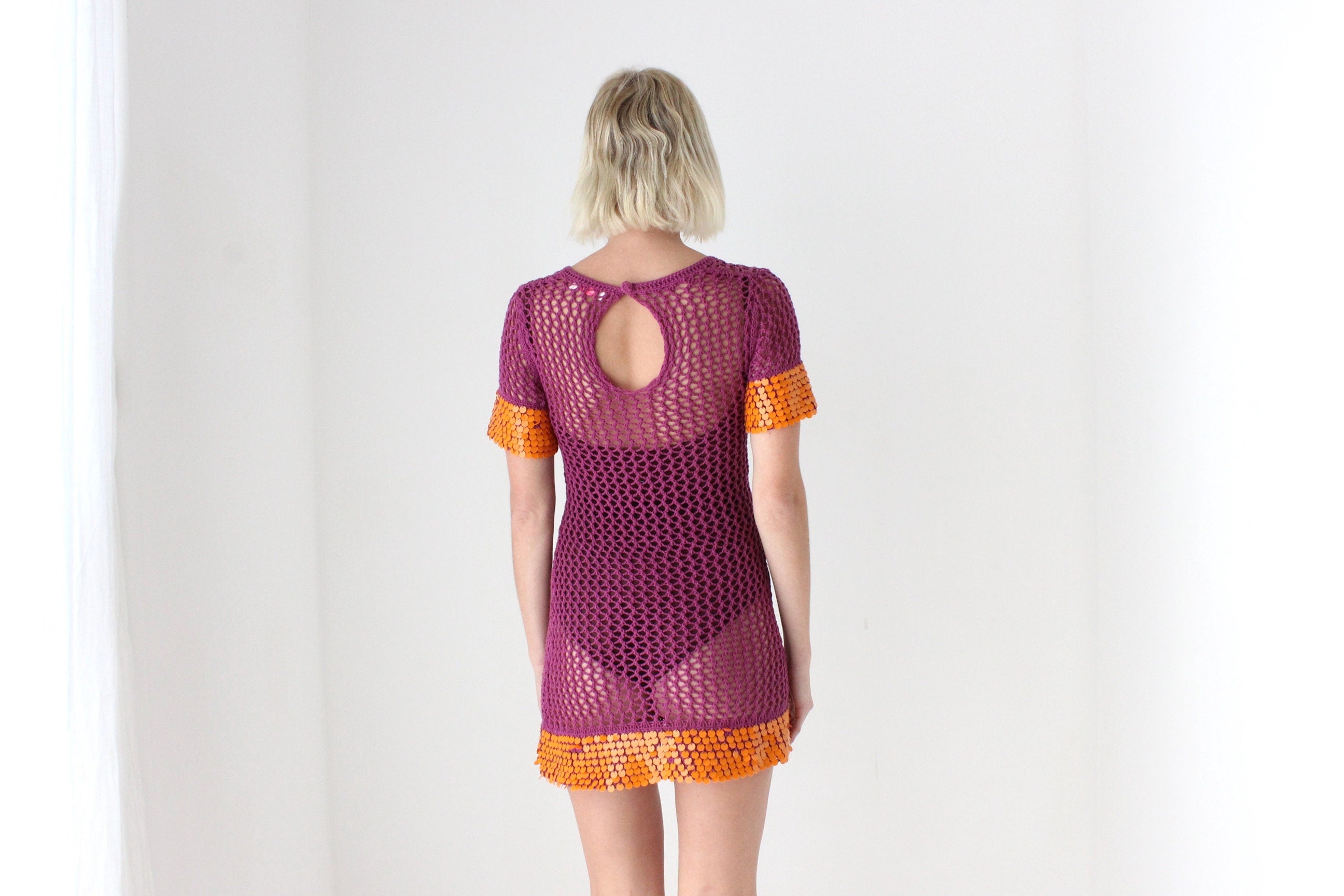 Y2K Sass & Bide Crochet Knit Mini Dress w/ Sequin Trim