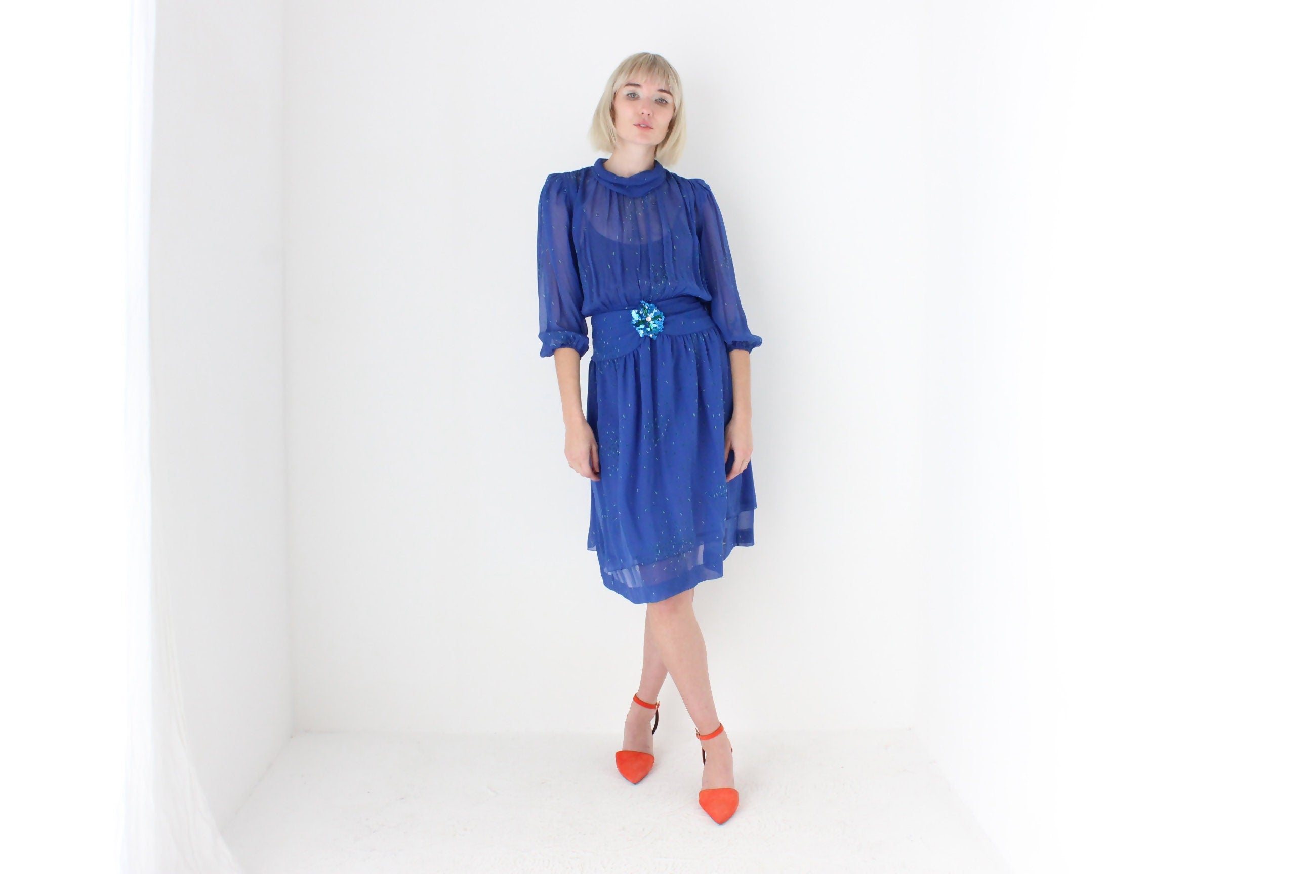 80s Boutique Made SILK Georgette Puff Sleeve Dress by Rafaella Atelier