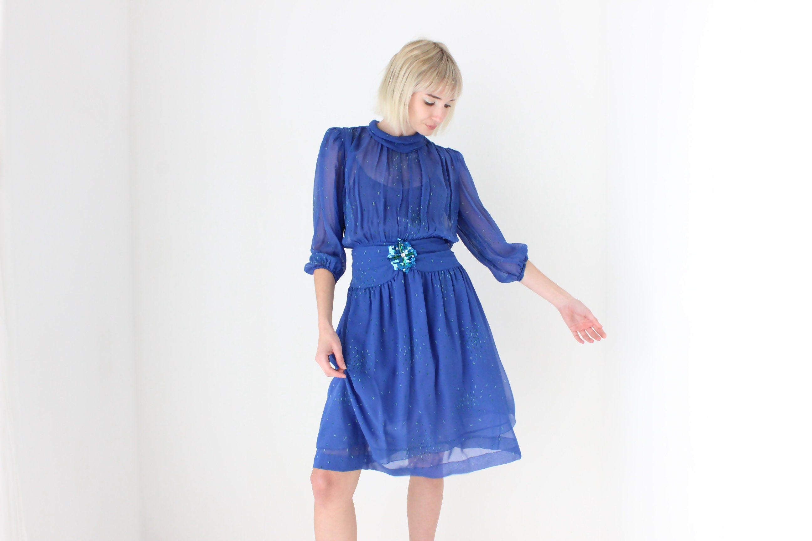 80s Boutique Made SILK Georgette Puff Sleeve Dress by Rafaella Atelier