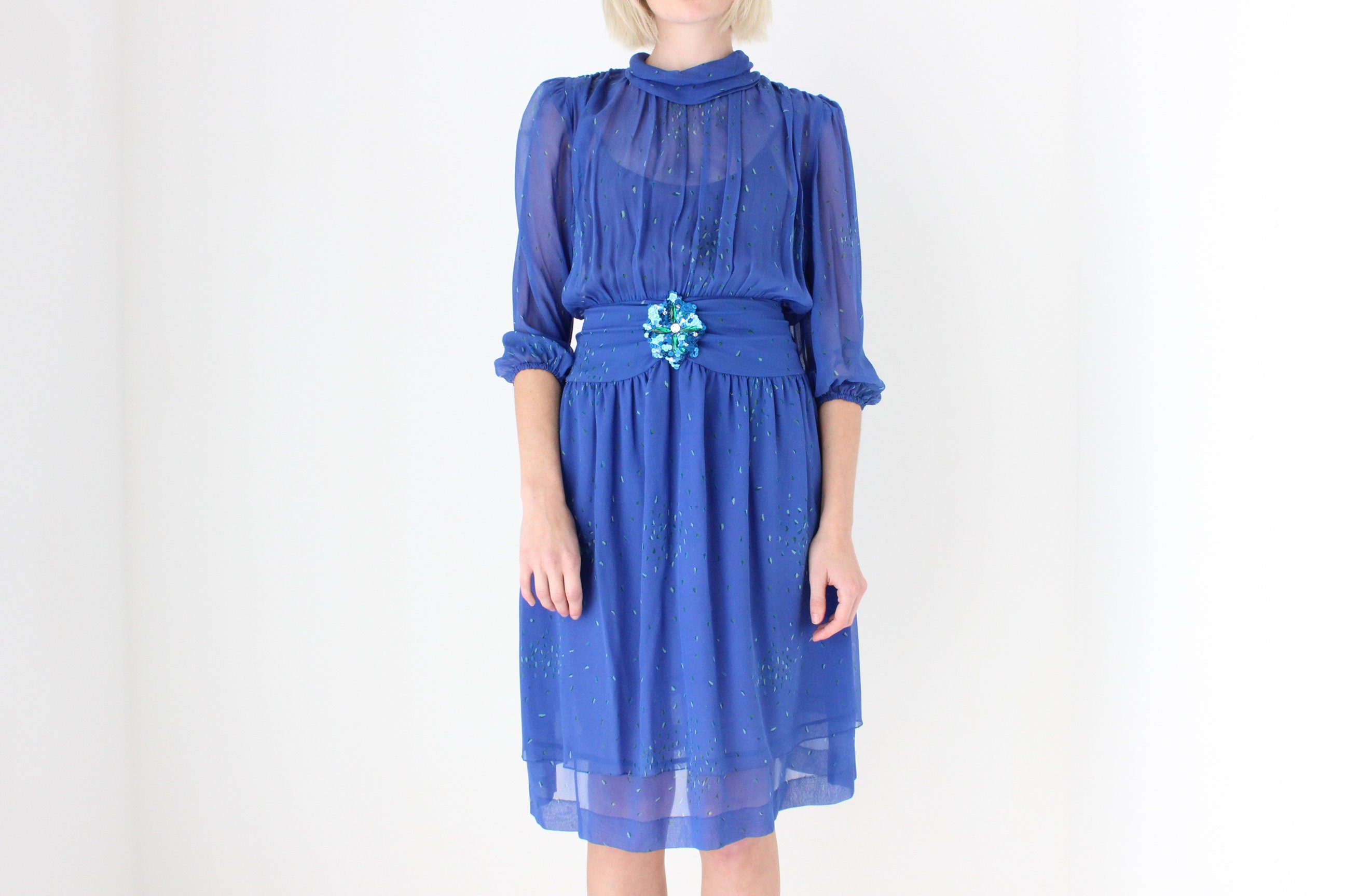 80s Boutique Made SILK Georgette Puff Sleeve Dress by Rafaella Atelier