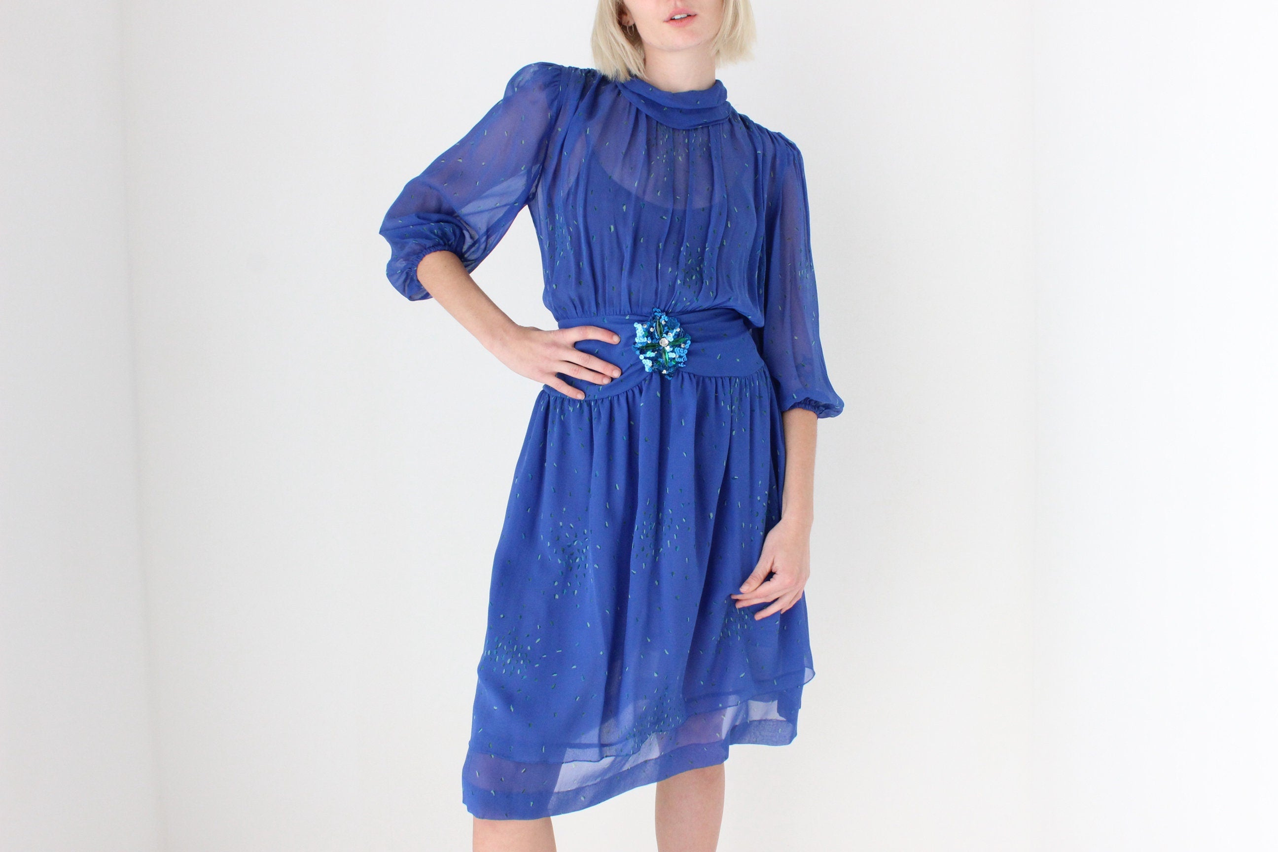 80s Boutique Made SILK Georgette Puff Sleeve Dress by Rafaella Atelier