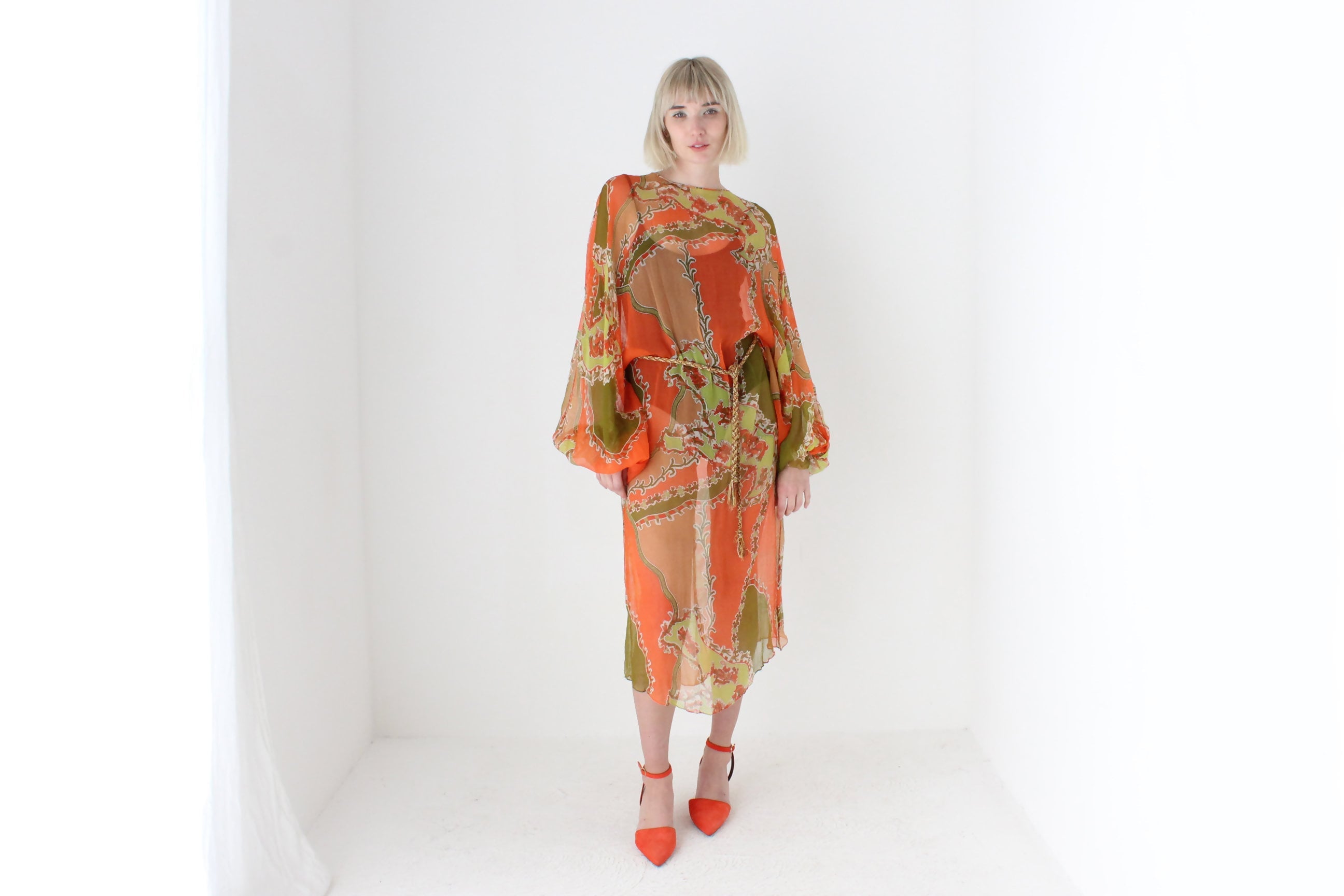 Psychedelic 70s Pure Silk Sheer Dramatic Sleeve Dress