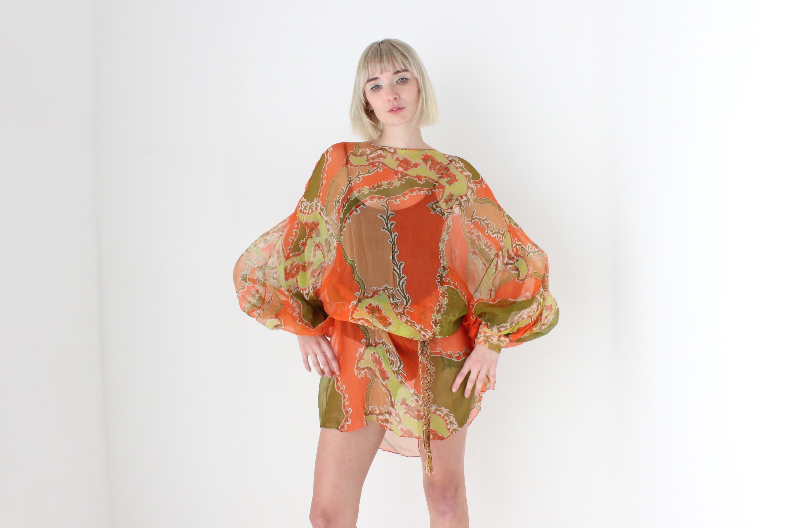 Psychedelic 70s Pure Silk Sheer Dramatic Sleeve Dress