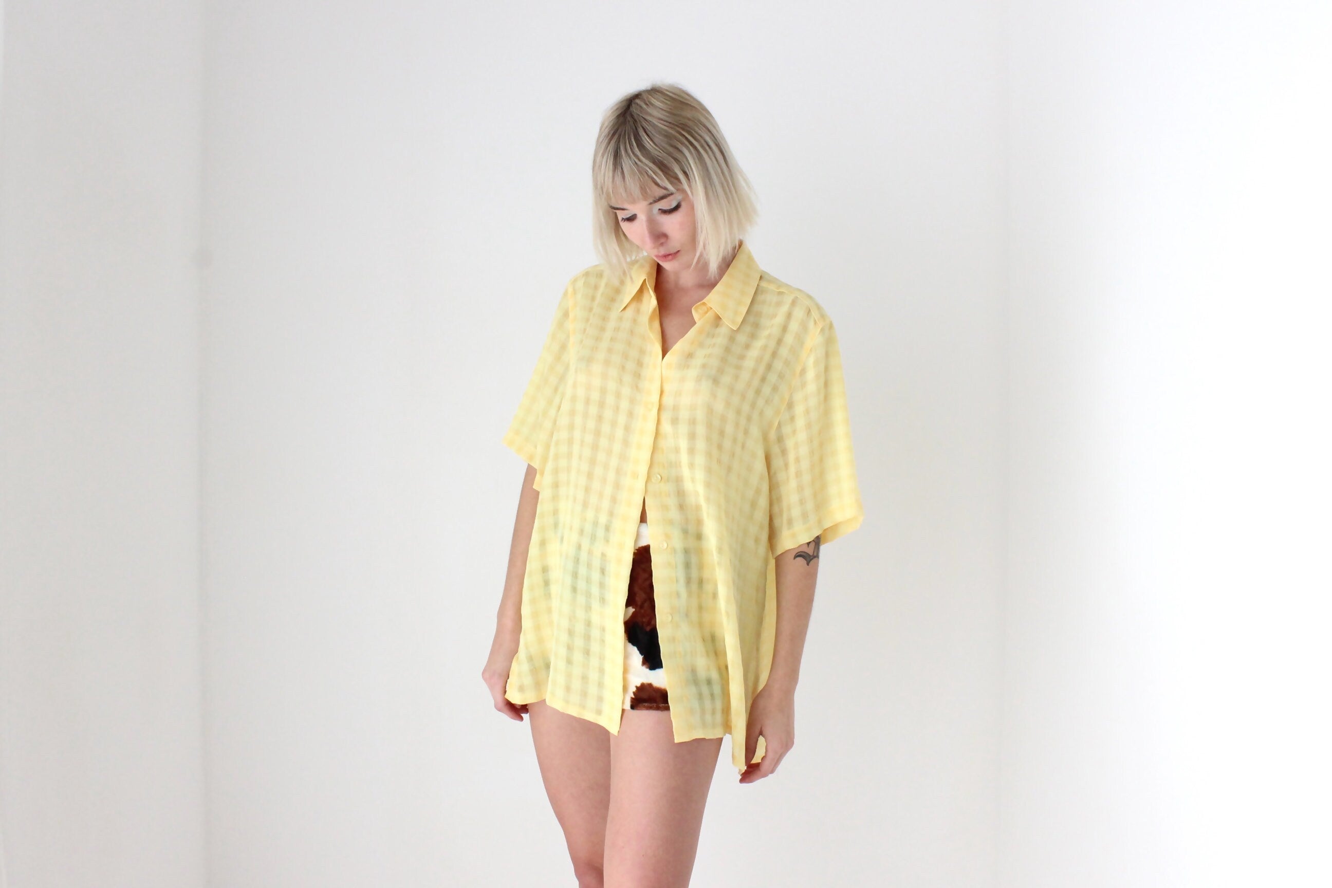 80s Semi Sheer Lemon Gingham Boxy Shirt