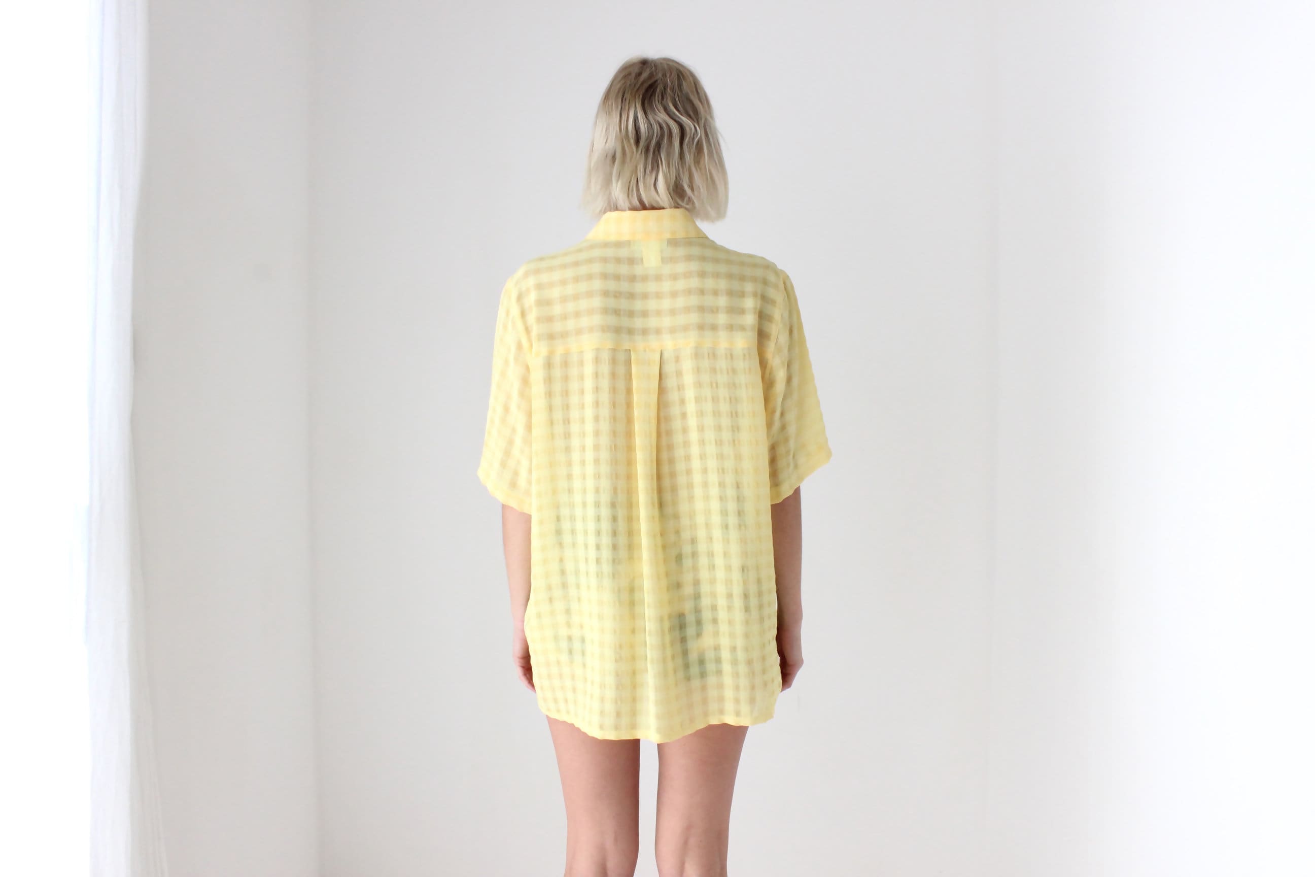 80s Semi Sheer Lemon Gingham Boxy Shirt