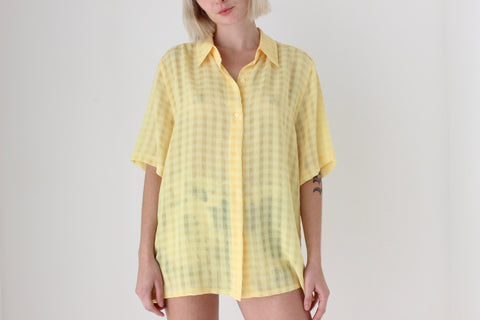 80s Semi Sheer Lemon Gingham Boxy Shirt