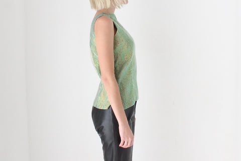 Y2K Iridescent Green Metallic Crinkle Fitted Top