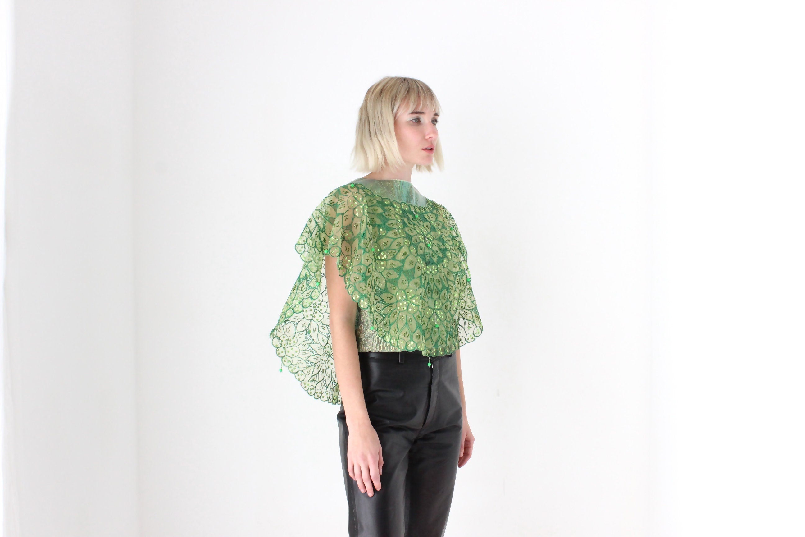 Vintage Mesh Organza Glam Disco Cape/Collar/Poncho Top