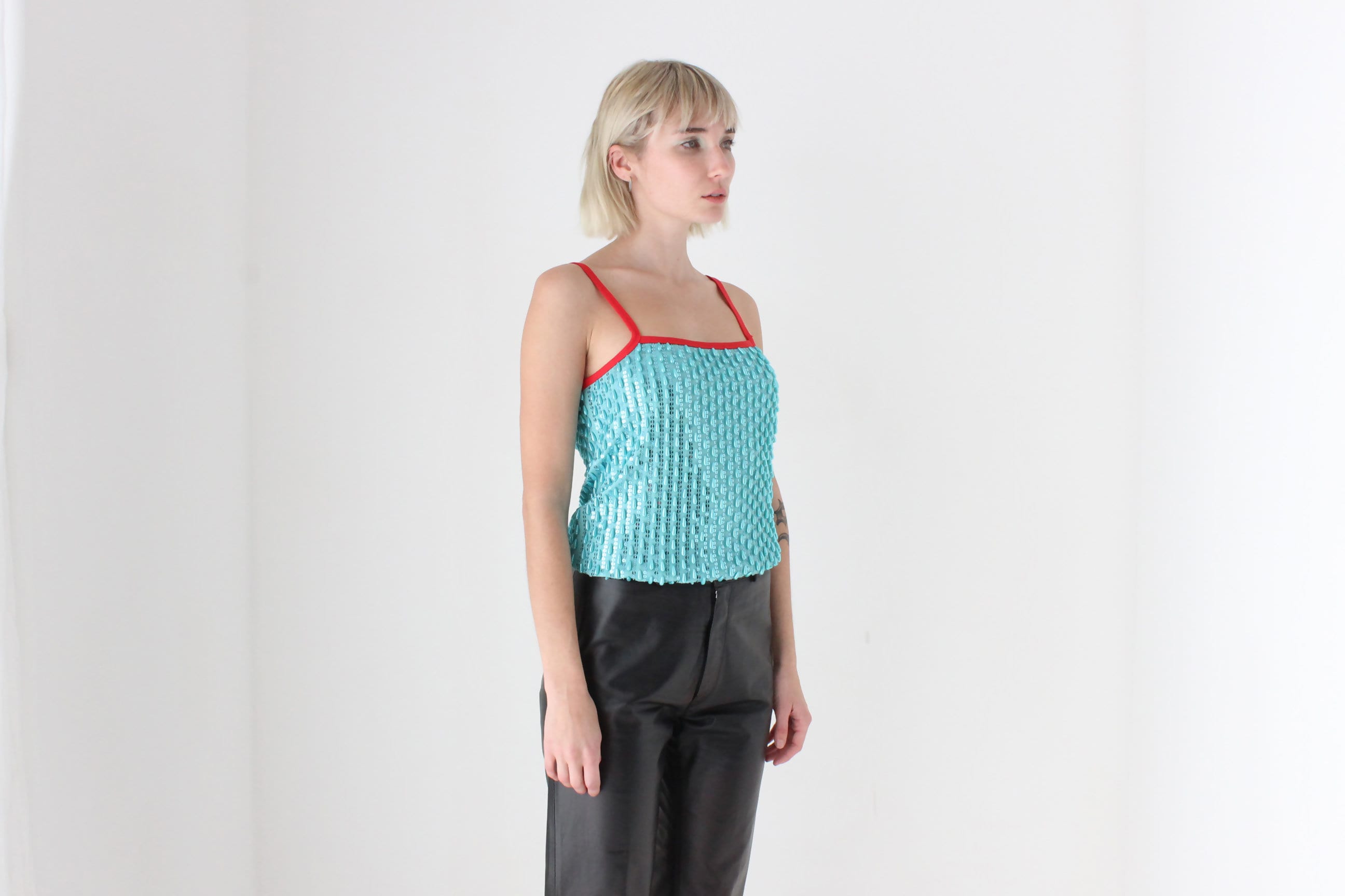 Y2K Aqua Beaded Designer Party Tank Top by Stefanel