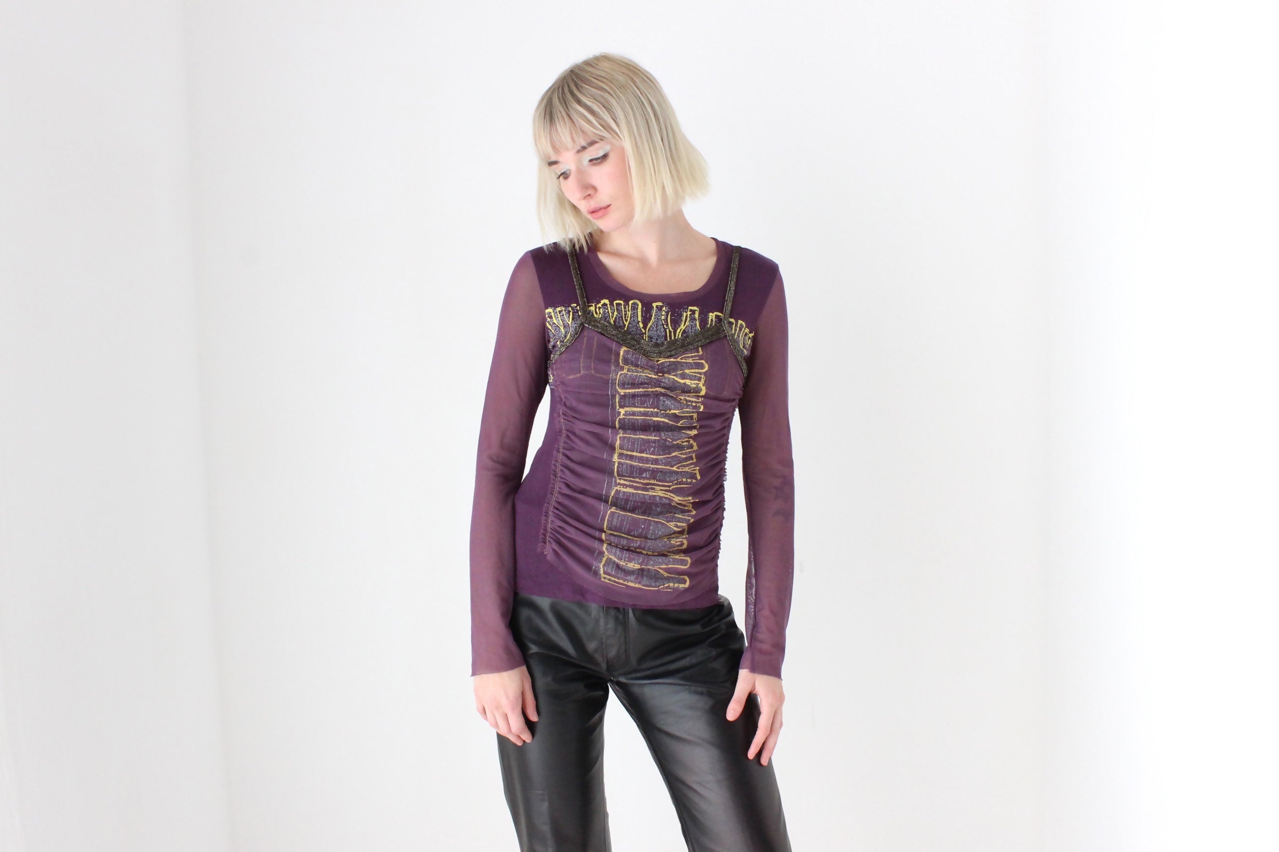 Y2K Abstract Layered Mesh Long Sleeve Stretch Top