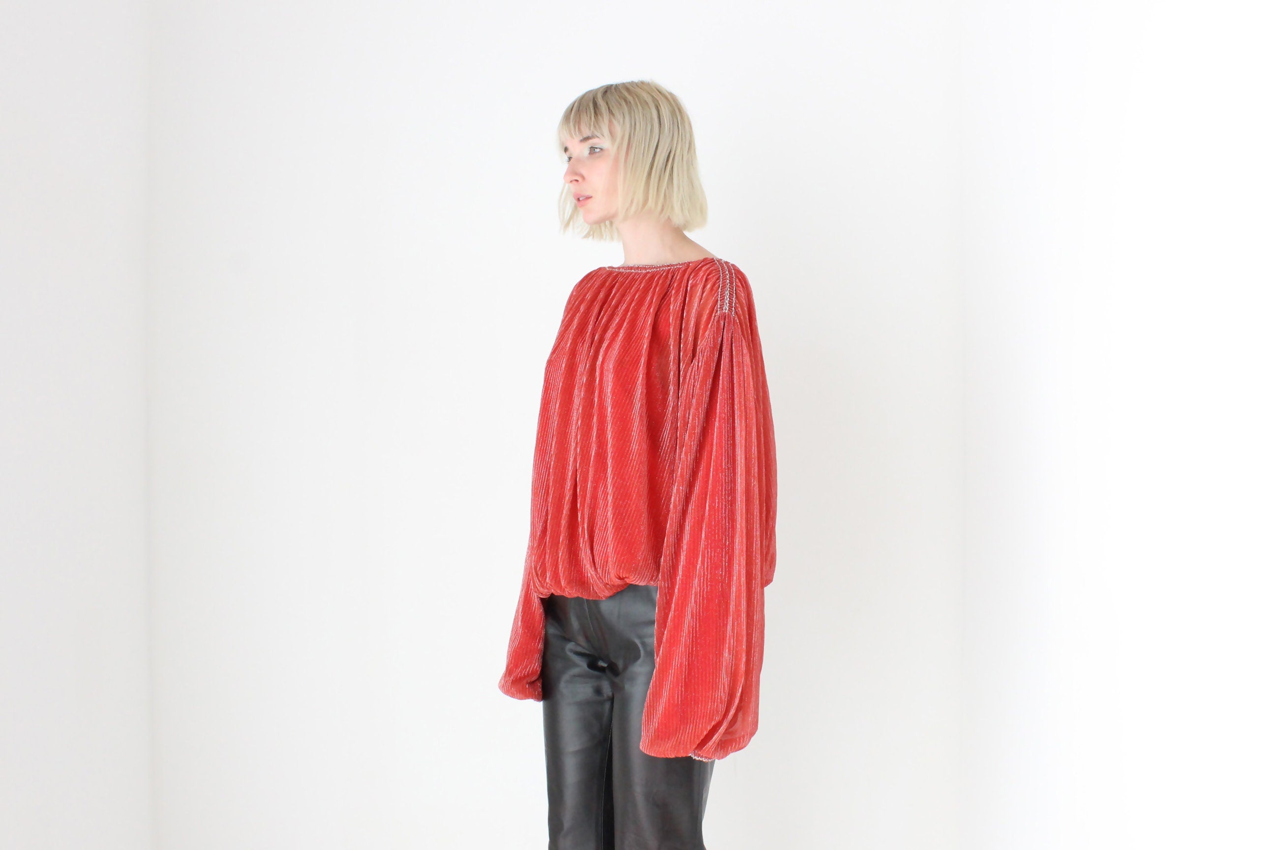 1970s Made for Disco Lurex Plisse Voluminous Top