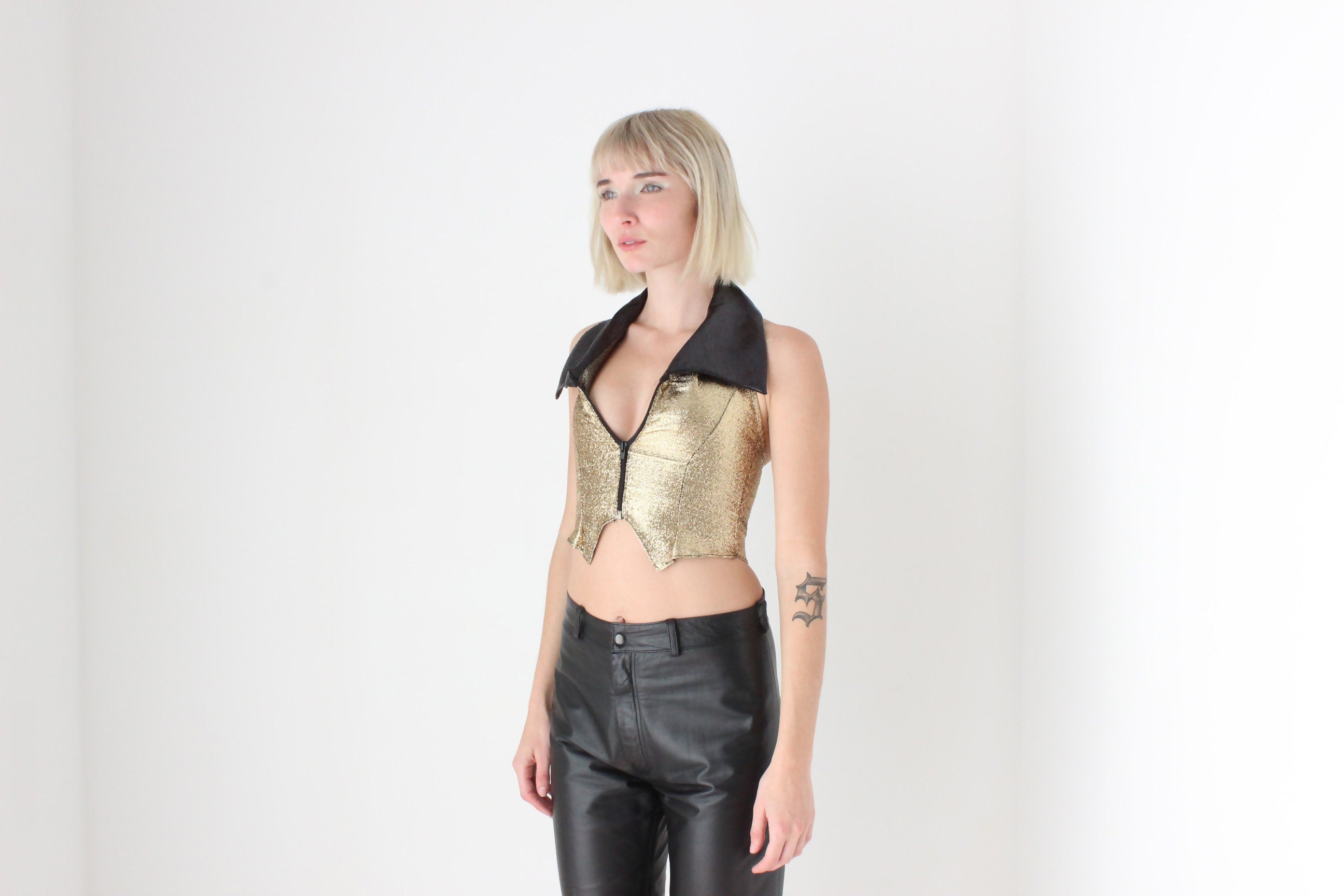 80s Glitter Metallic Lamé Zip Front Collared Bustier