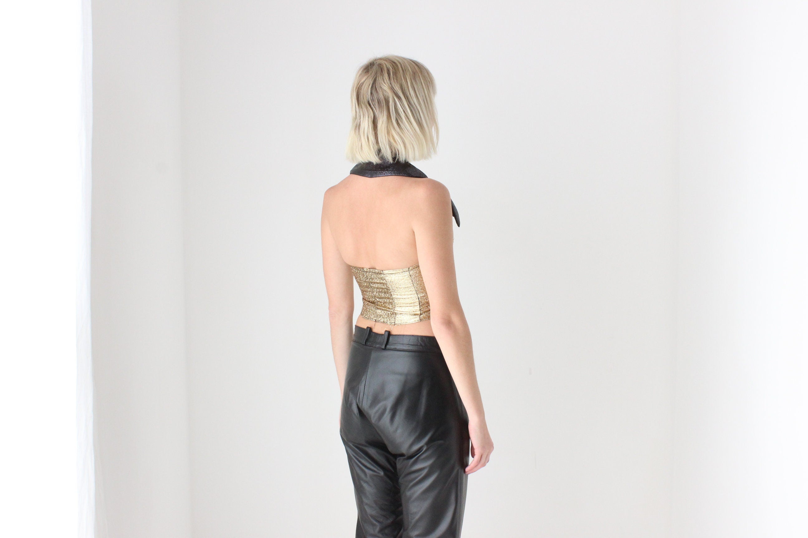 80s Glitter Metallic Lamé Zip Front Collared Bustier