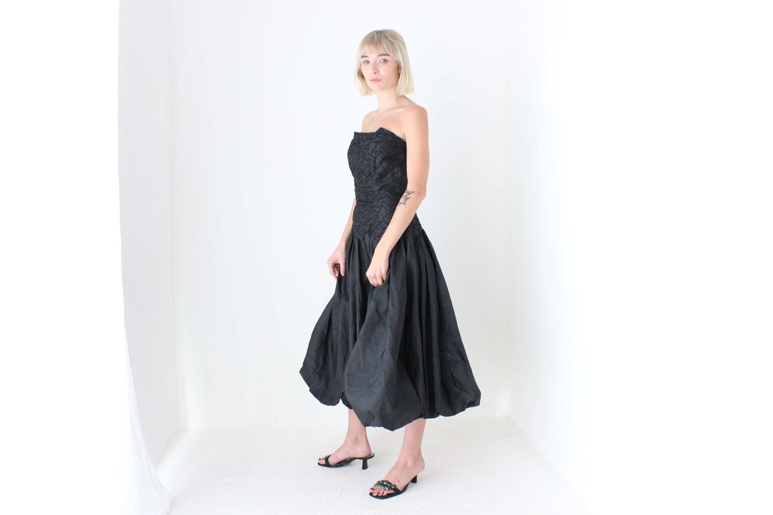 80s Textured Taffeta Bustier Bubble Dress w/ Abstract Neckline