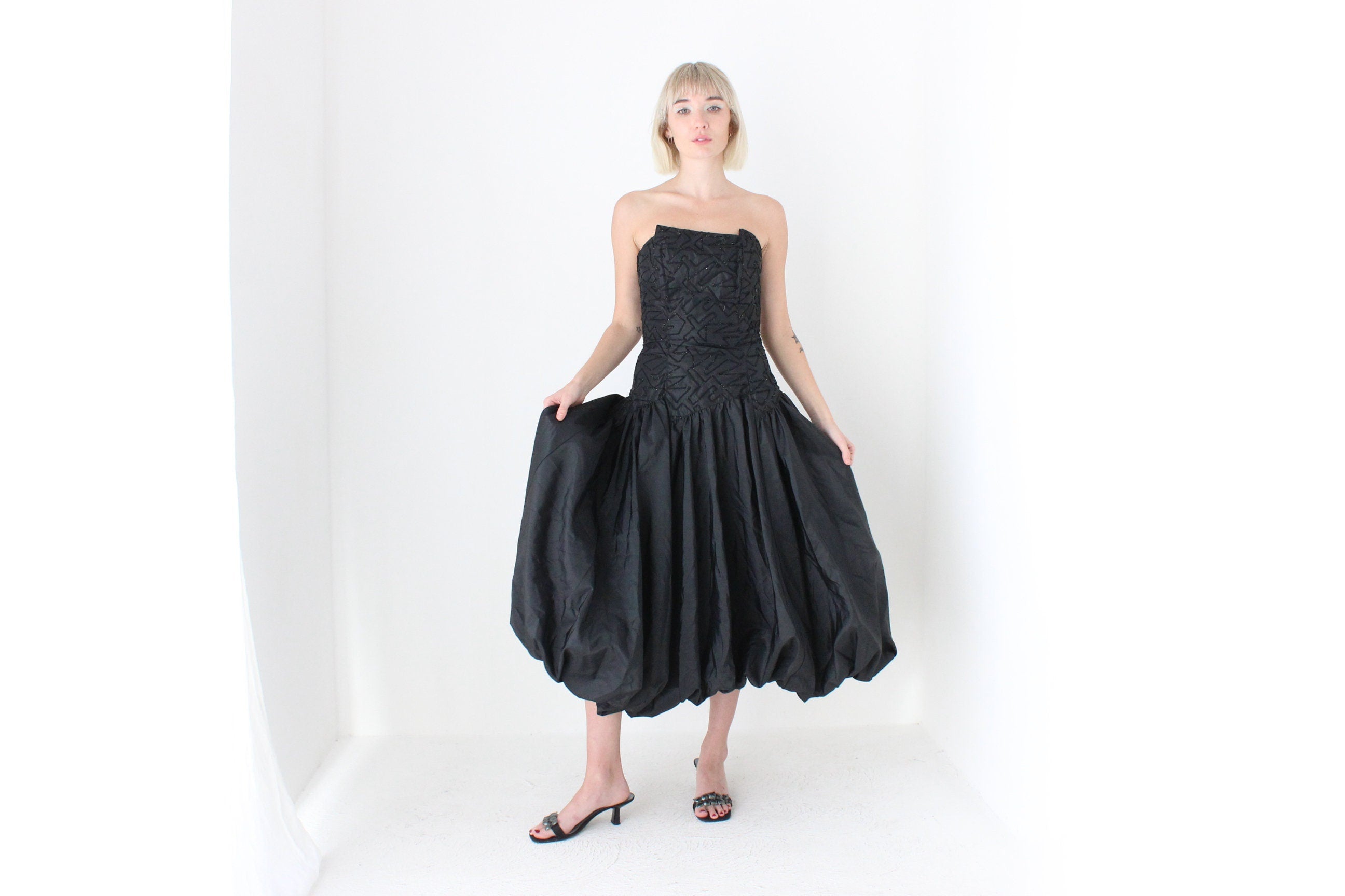 80s Textured Taffeta Bustier Bubble Dress w/ Abstract Neckline