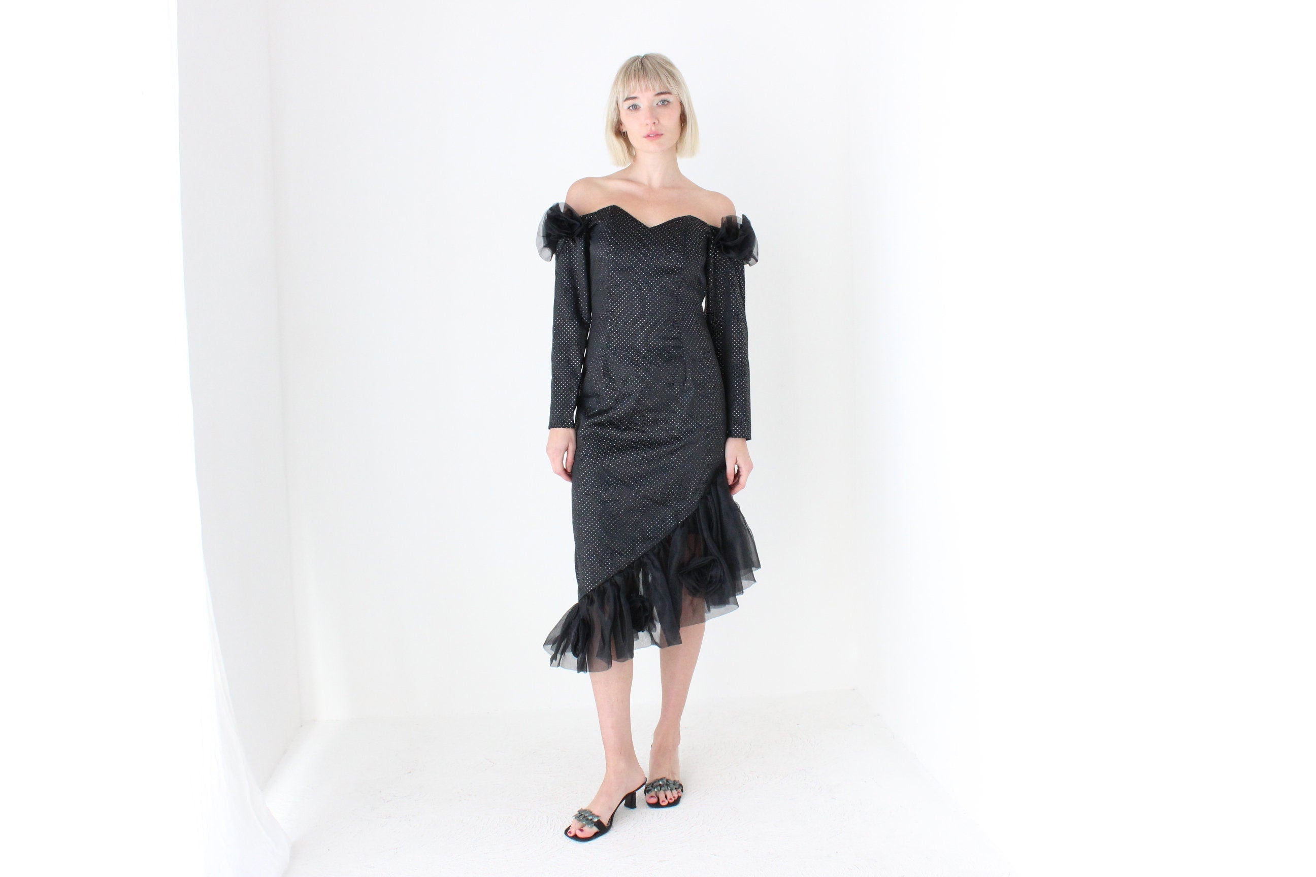 80s 'Masquerade' Organza Rosette Off Shoulder Party Dress