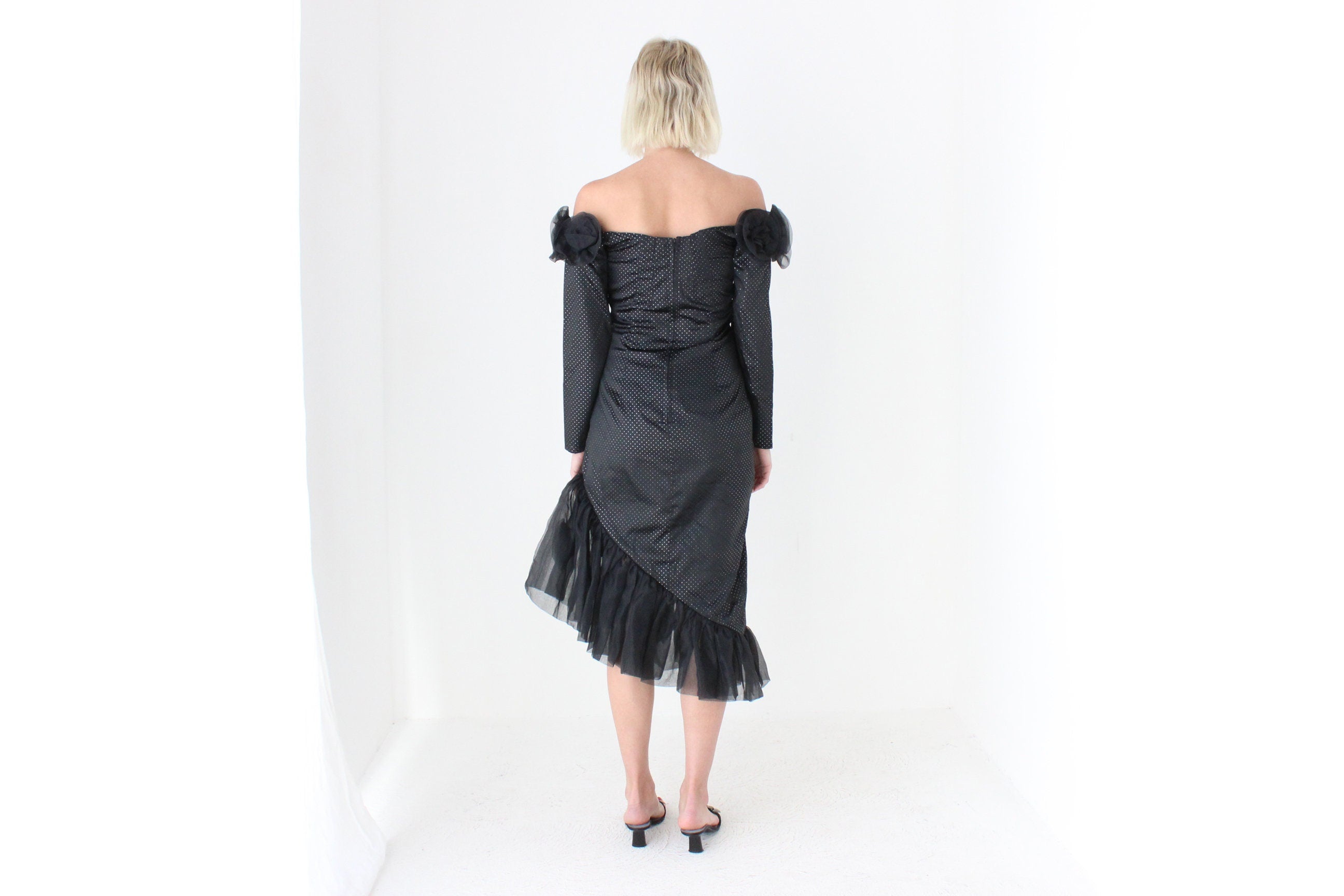 80s 'Masquerade' Organza Rosette Off Shoulder Party Dress