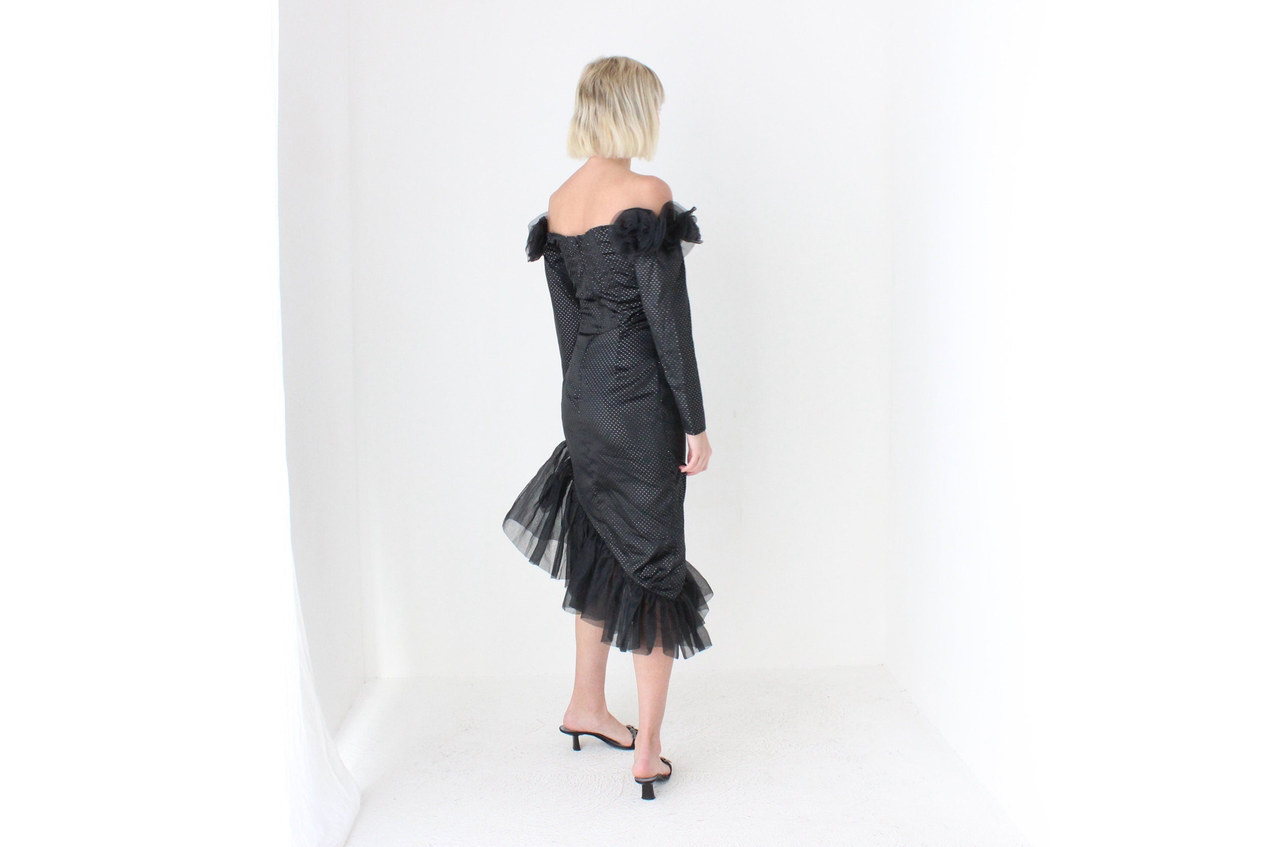 80s 'Masquerade' Organza Rosette Off Shoulder Party Dress