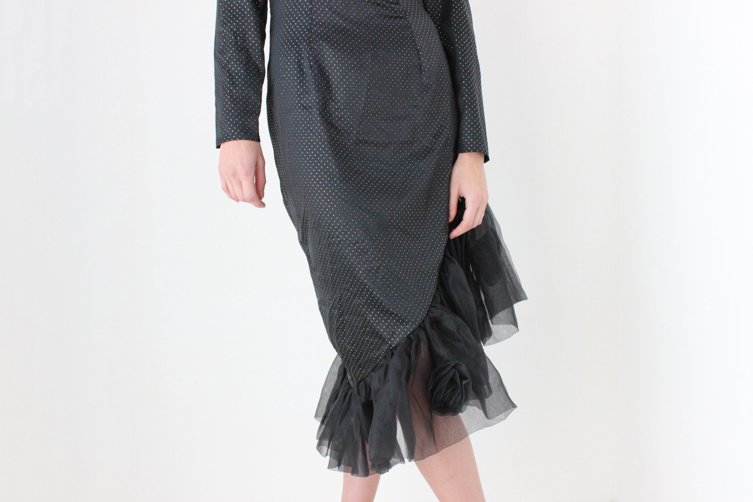 80s 'Masquerade' Organza Rosette Off Shoulder Party Dress