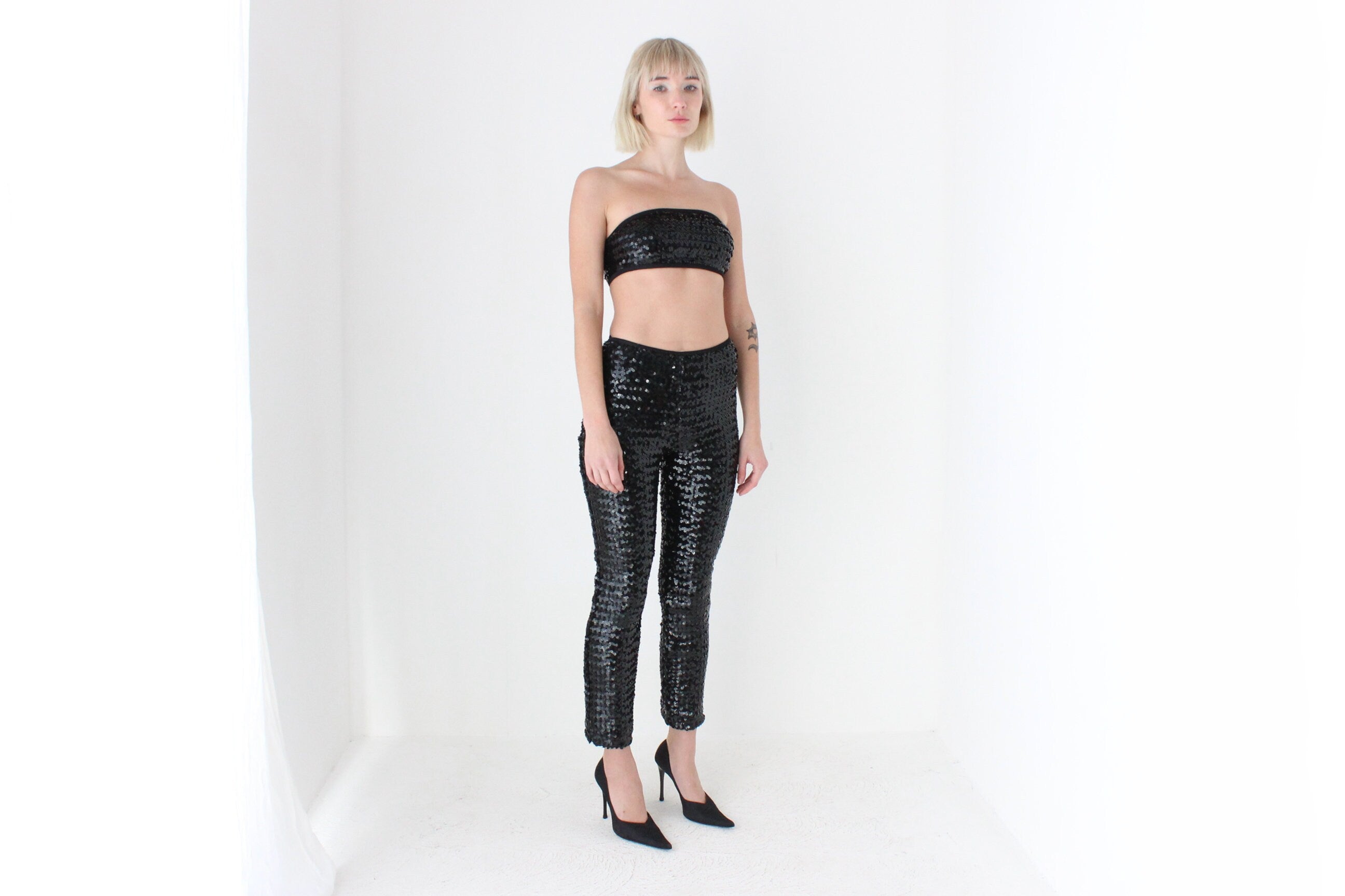 80s Sequin Knit Matching Bandeau & Capri Disco Set