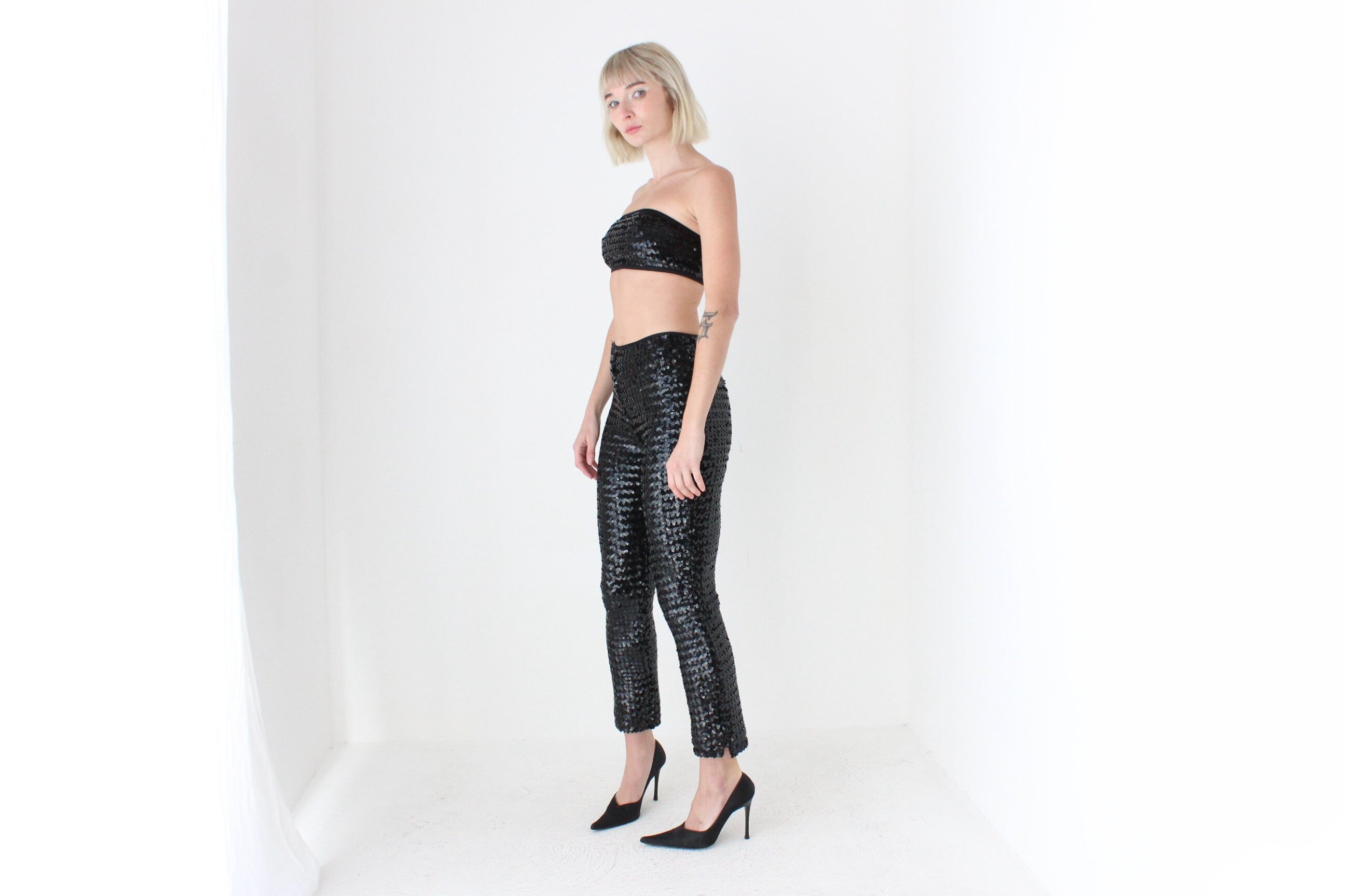 80s Sequin Knit Matching Bandeau & Capri Disco Set