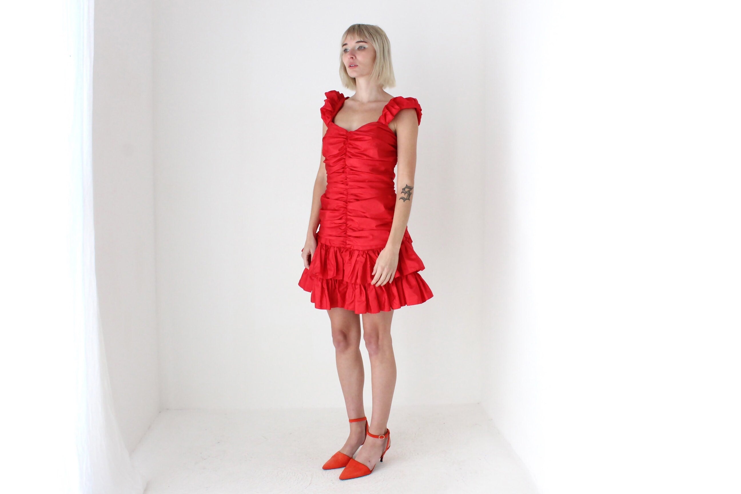 80s Red Ruched Taffeta Puff Party Dress