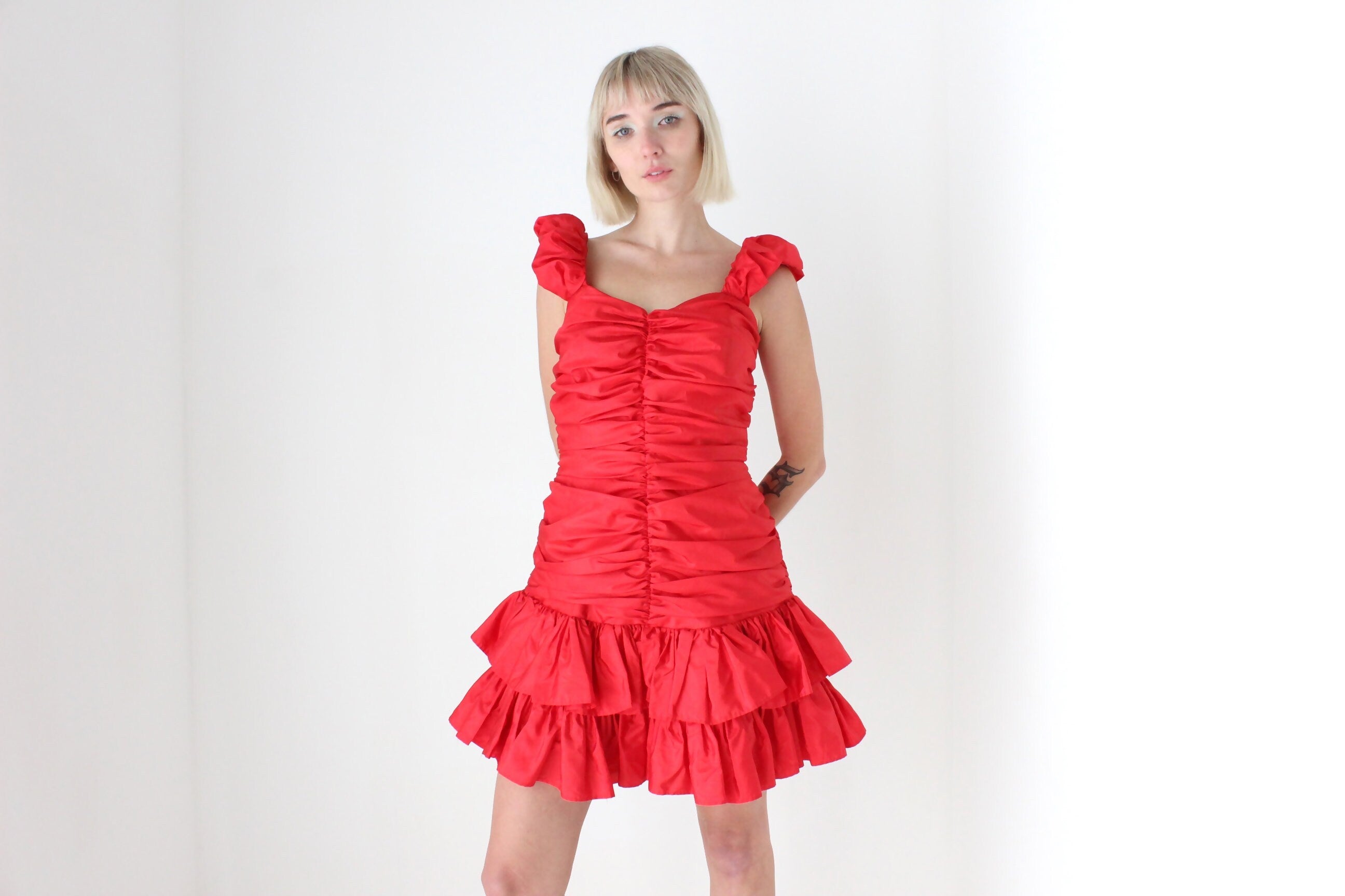 80s Red Ruched Taffeta Puff Party Dress