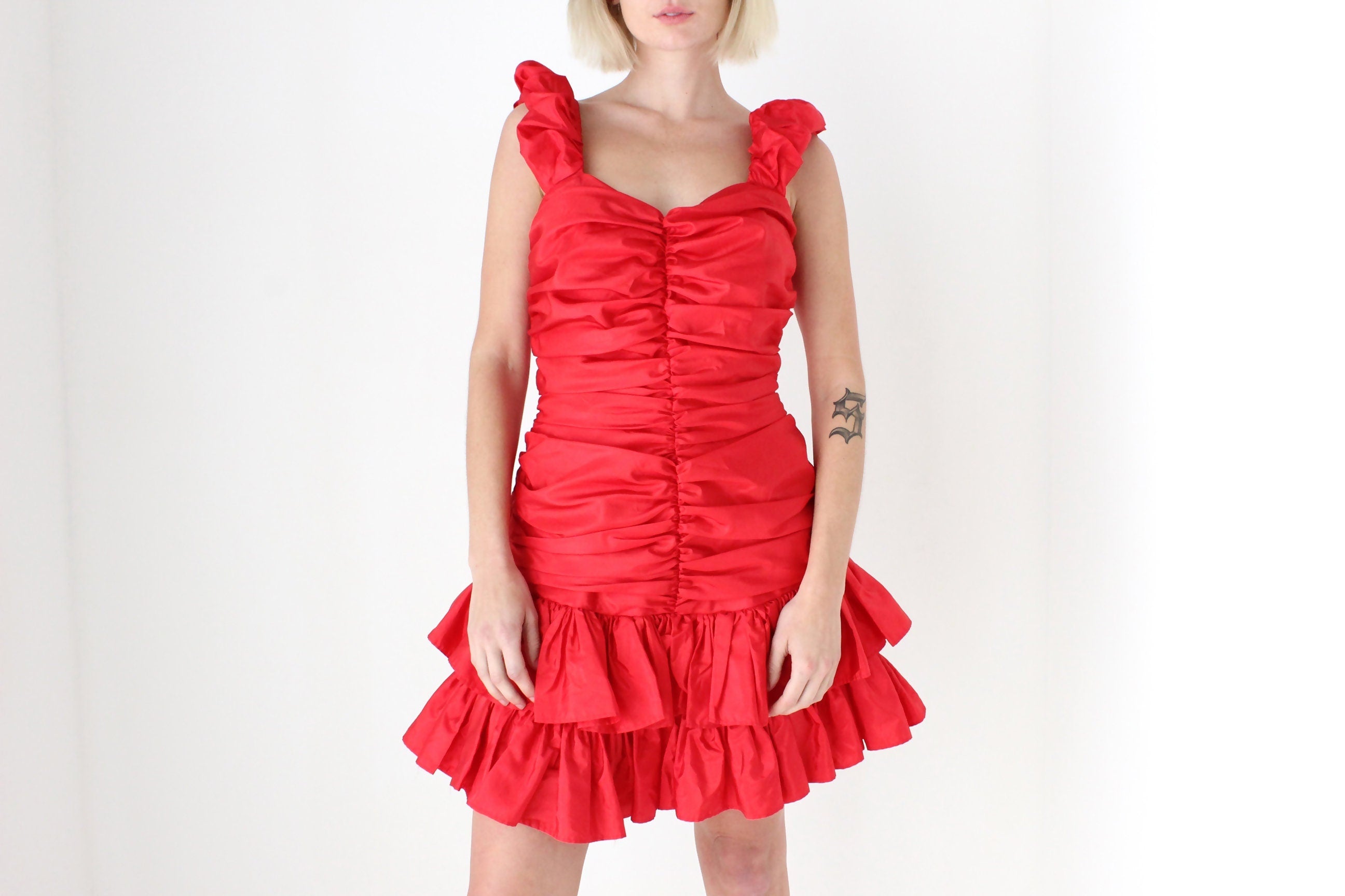 80s Red Ruched Taffeta Puff Party Dress