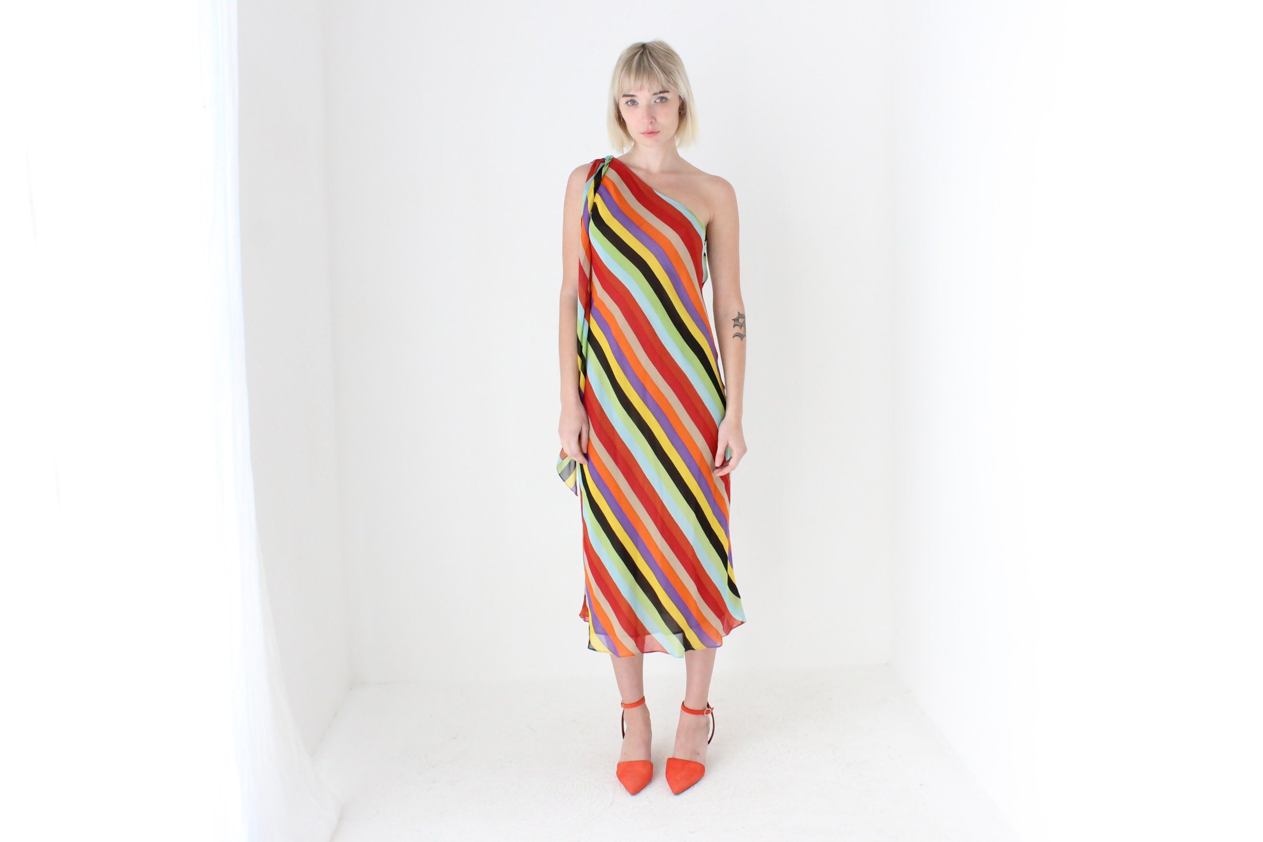 Y2K PURE SILK One Shoulder Rainbow Stripe Dress