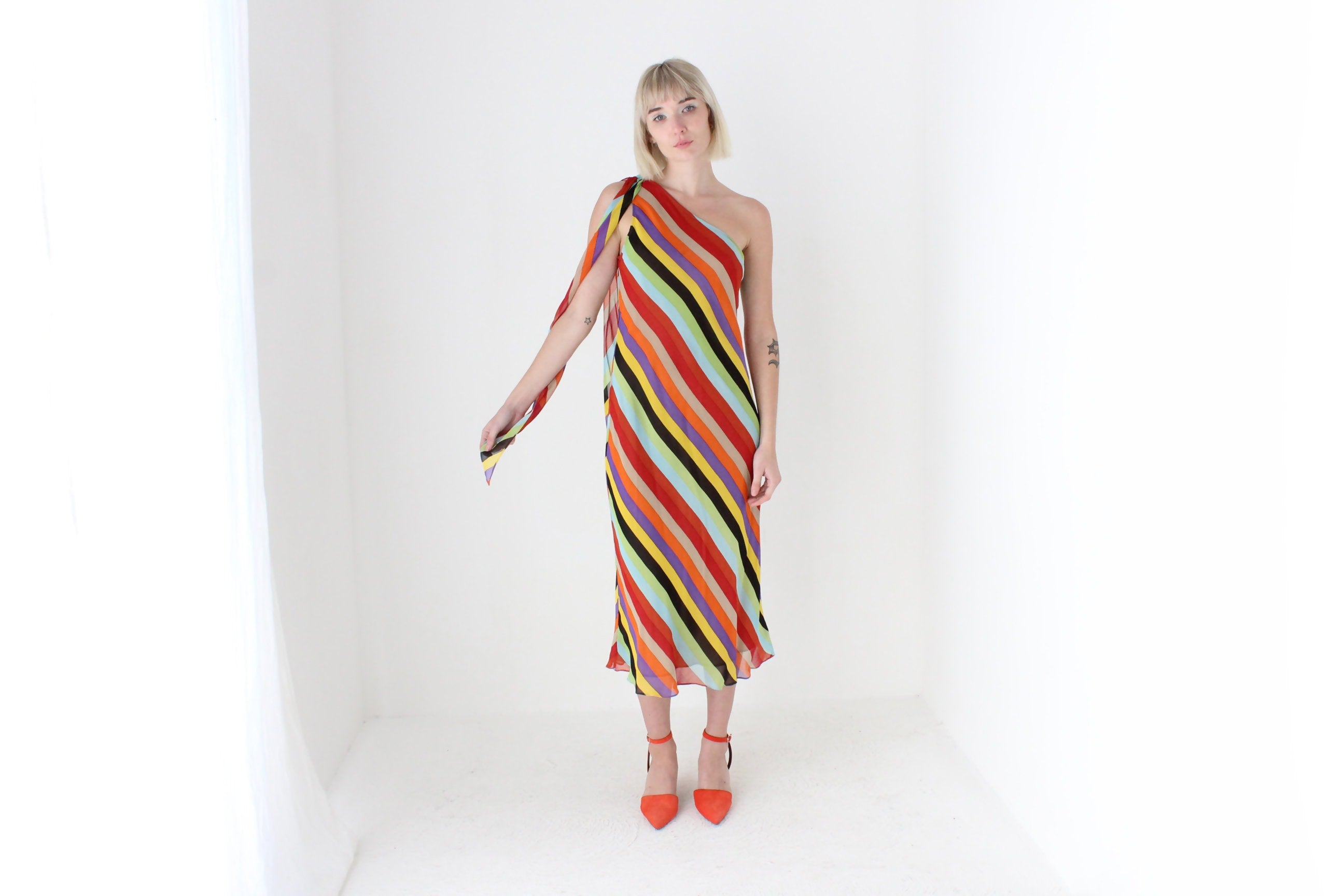 Y2K PURE SILK One Shoulder Rainbow Stripe Dress