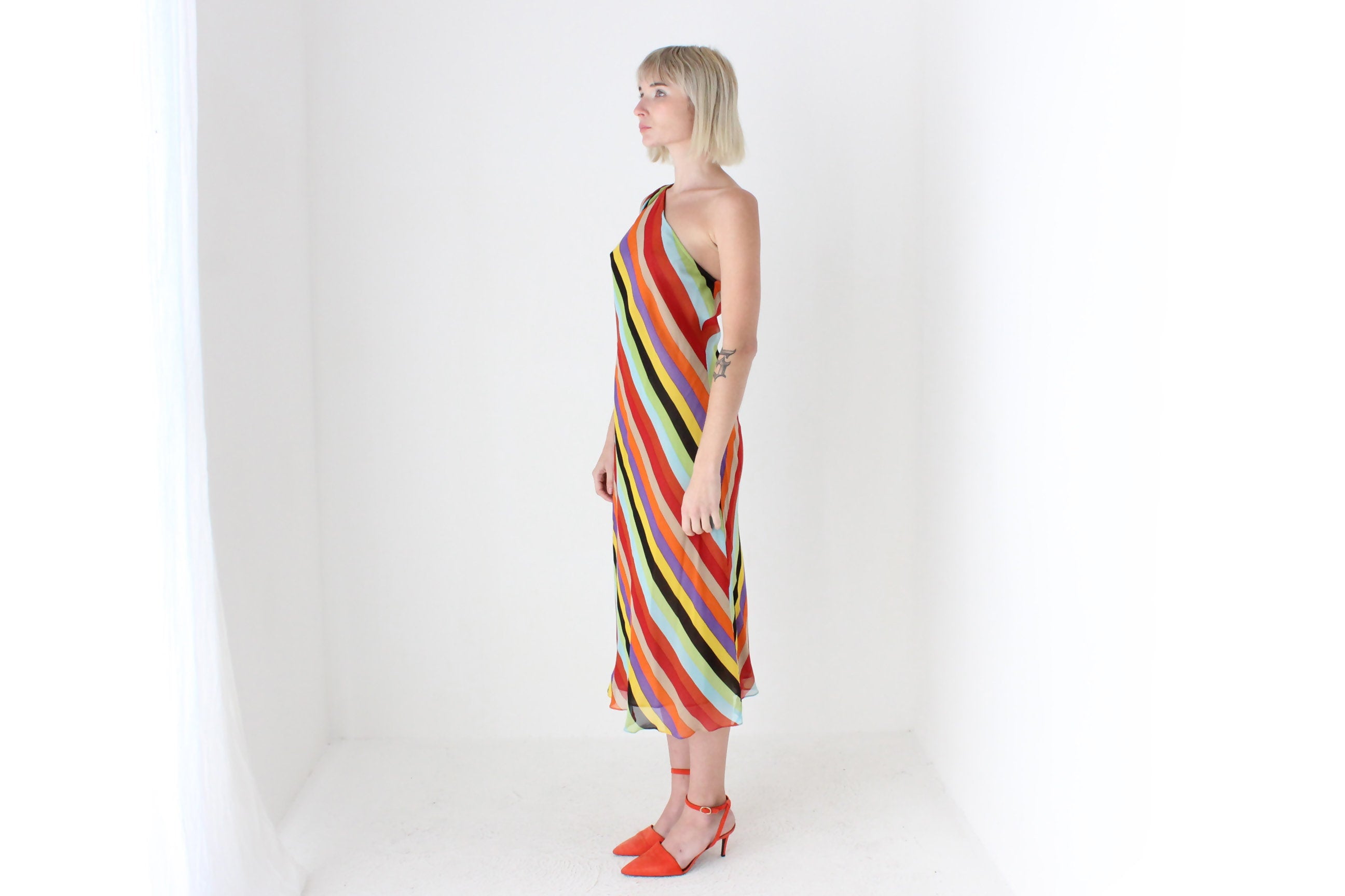 Y2K PURE SILK One Shoulder Rainbow Stripe Dress