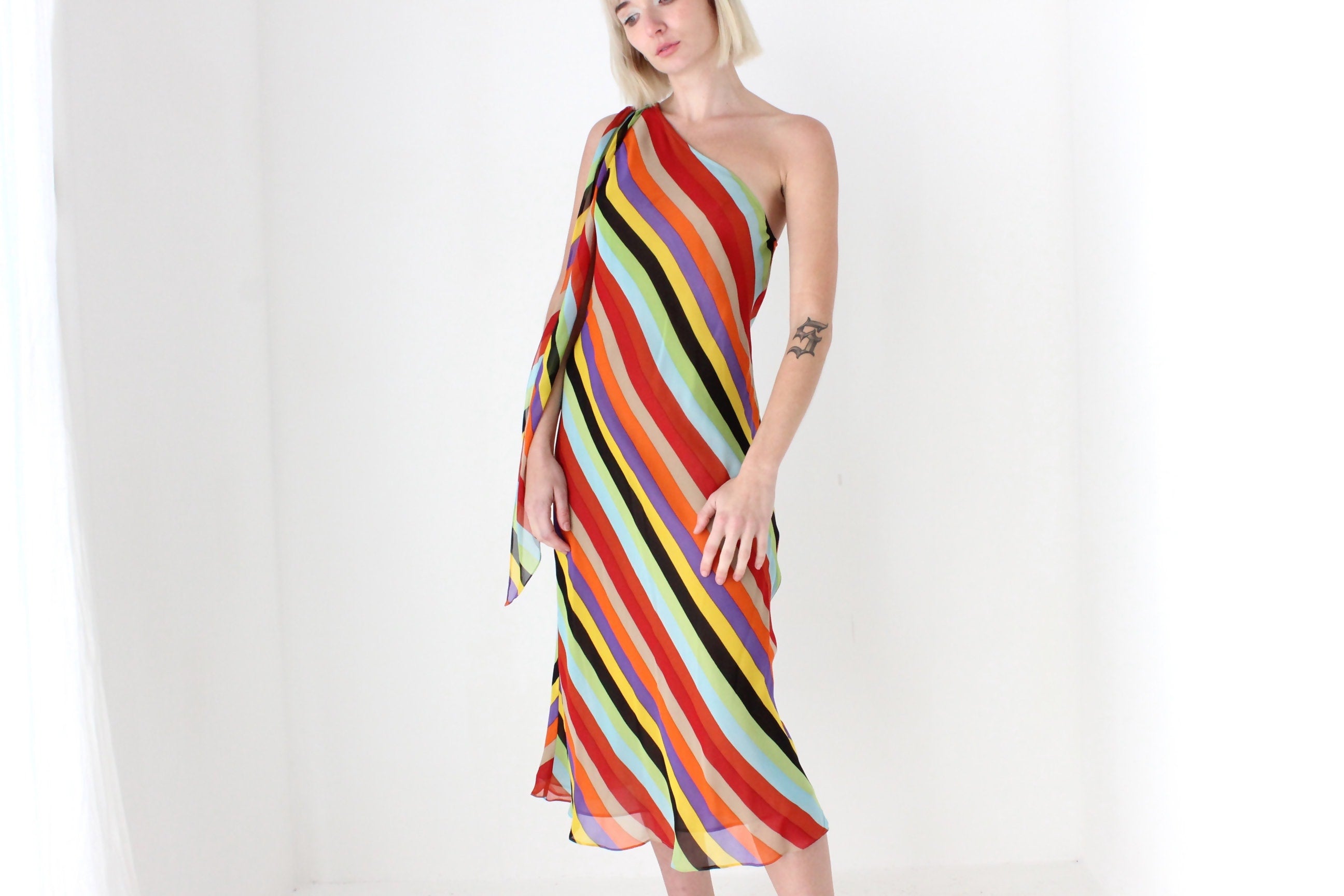 Y2K PURE SILK One Shoulder Rainbow Stripe Dress