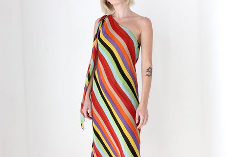 Y2K PURE SILK One Shoulder Rainbow Stripe Dress