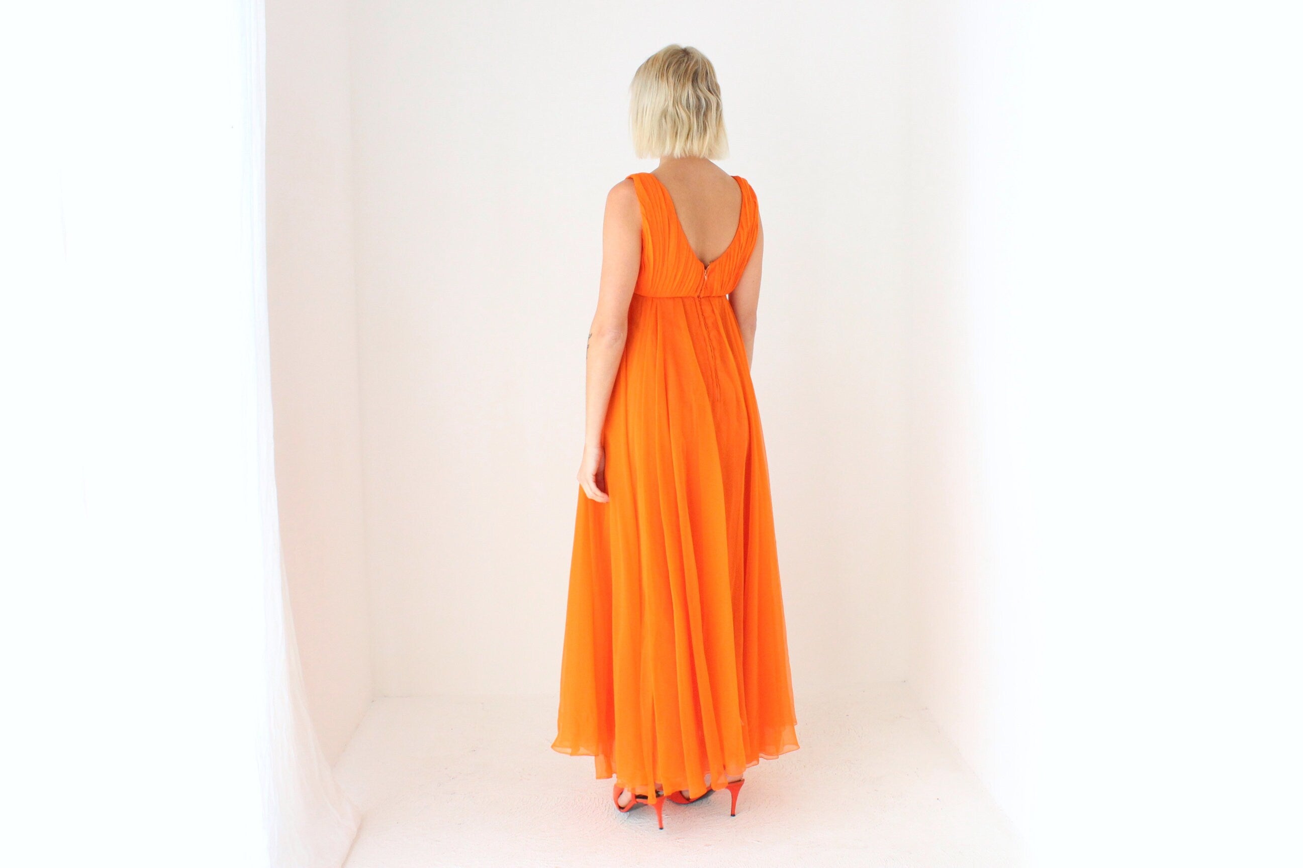 Showstopping 60s Vibrant Orange Empire Waist Dramatic Gown