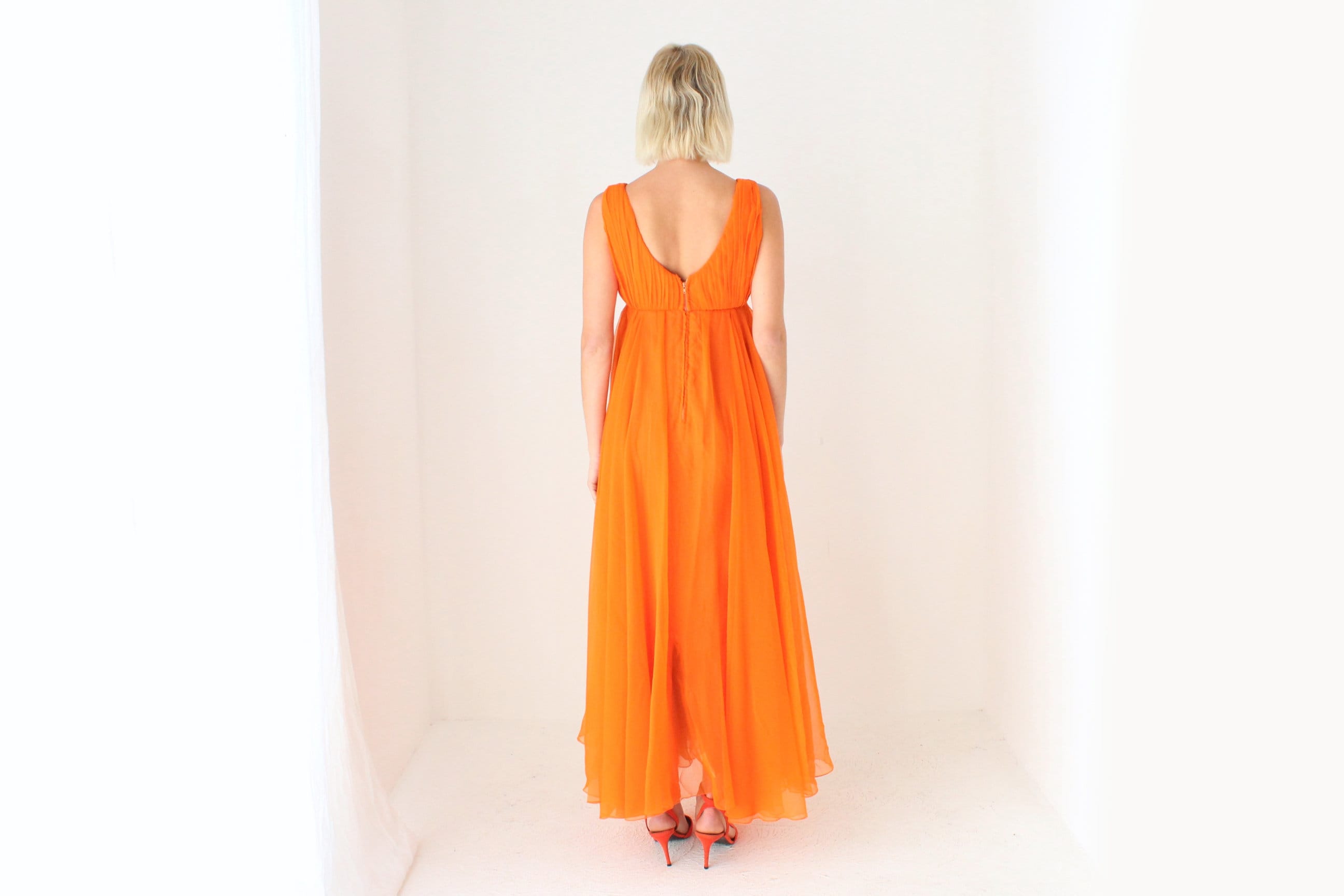 Showstopping 60s Vibrant Orange Empire Waist Dramatic Gown