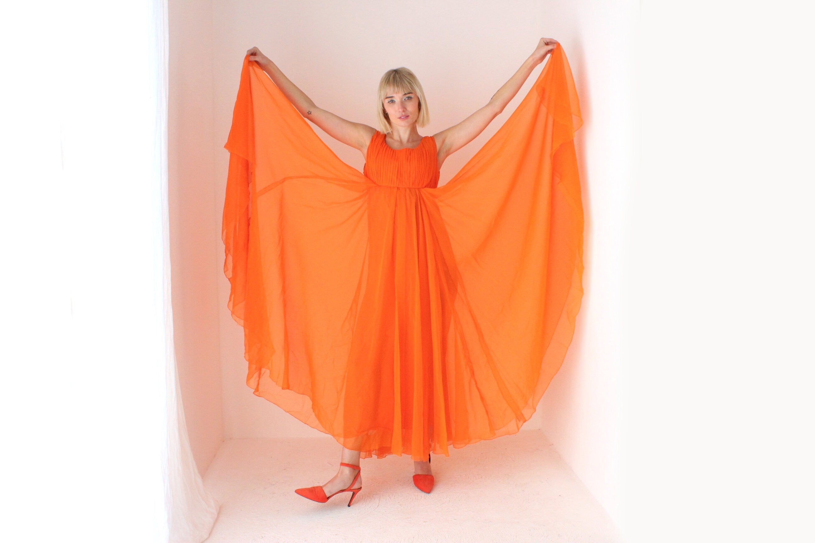 Showstopping 60s Vibrant Orange Empire Waist Dramatic Gown