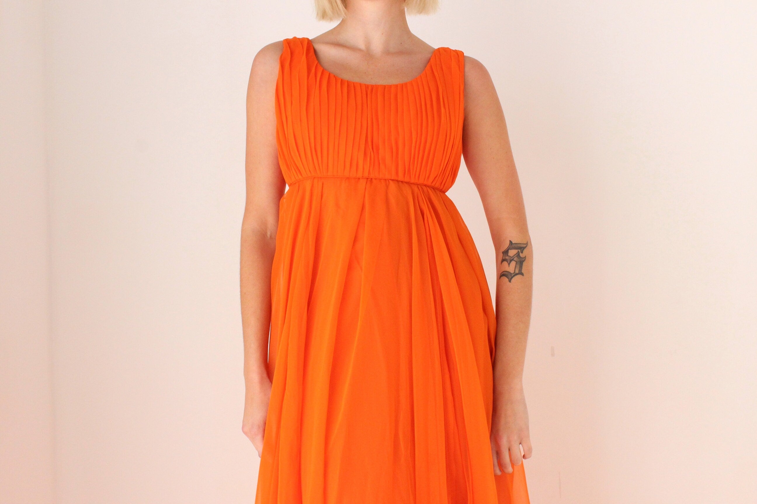 Showstopping 60s Vibrant Orange Empire Waist Dramatic Gown