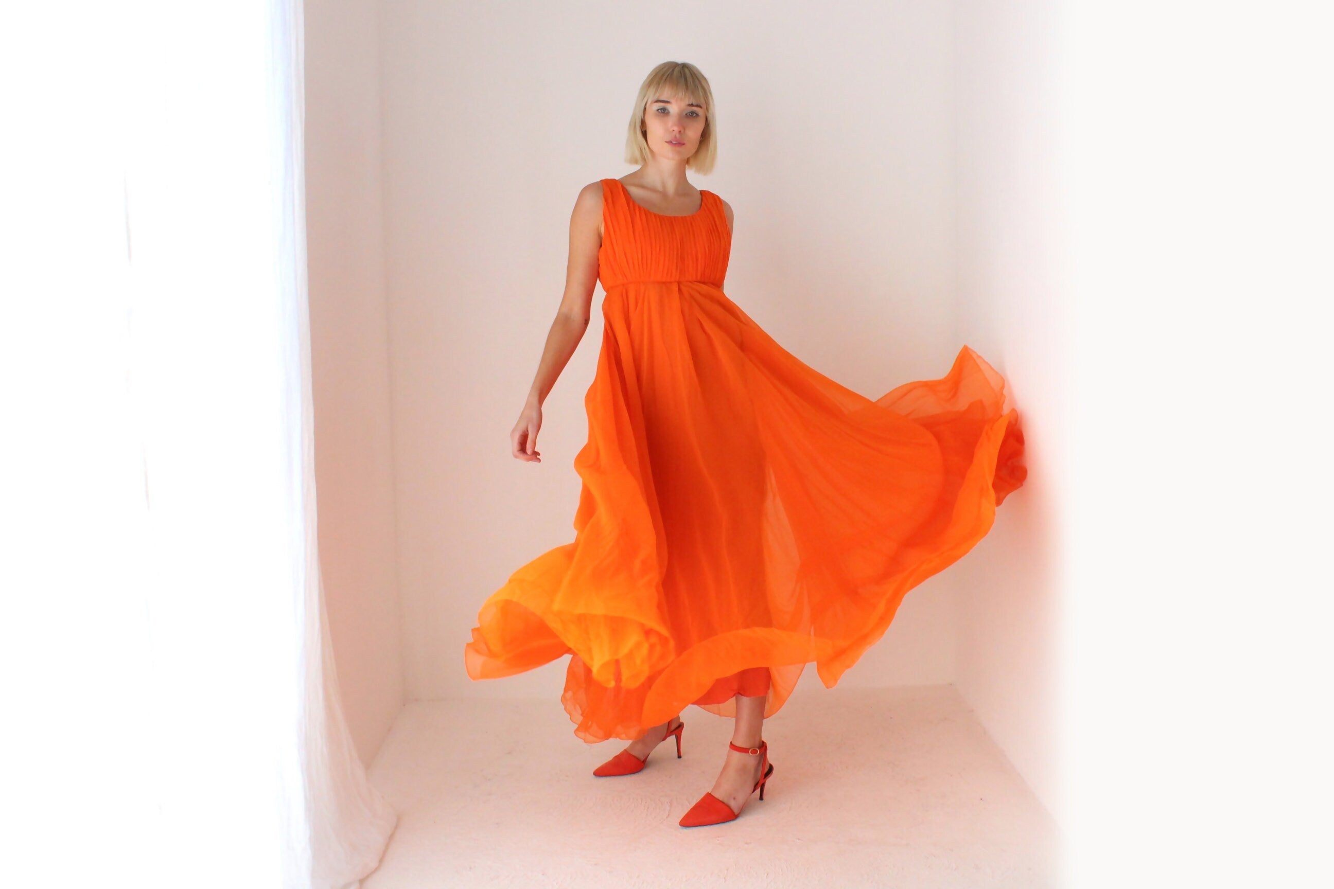 Showstopping 60s Vibrant Orange Empire Waist Dramatic Gown