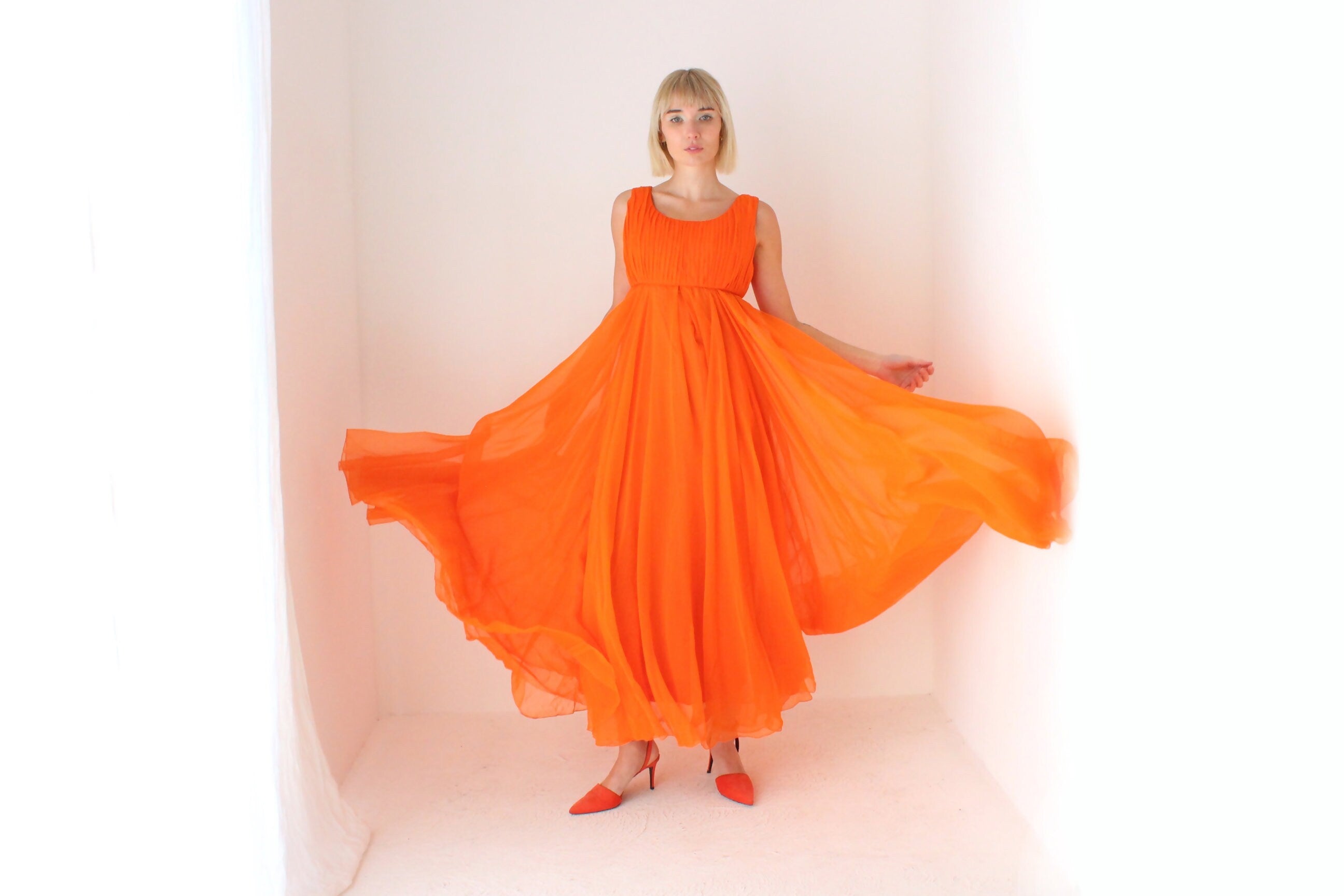 Showstopping 60s Vibrant Orange Empire Waist Dramatic Gown