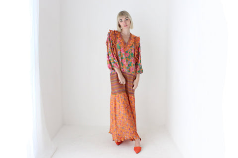 Maximalist 80s 'Mosaic' Plisse/Ruffle/Sequin/Floral Dress