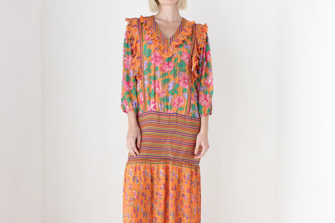 Maximalist 80s 'Mosaic' Plisse/Ruffle/Sequin/Floral Dress