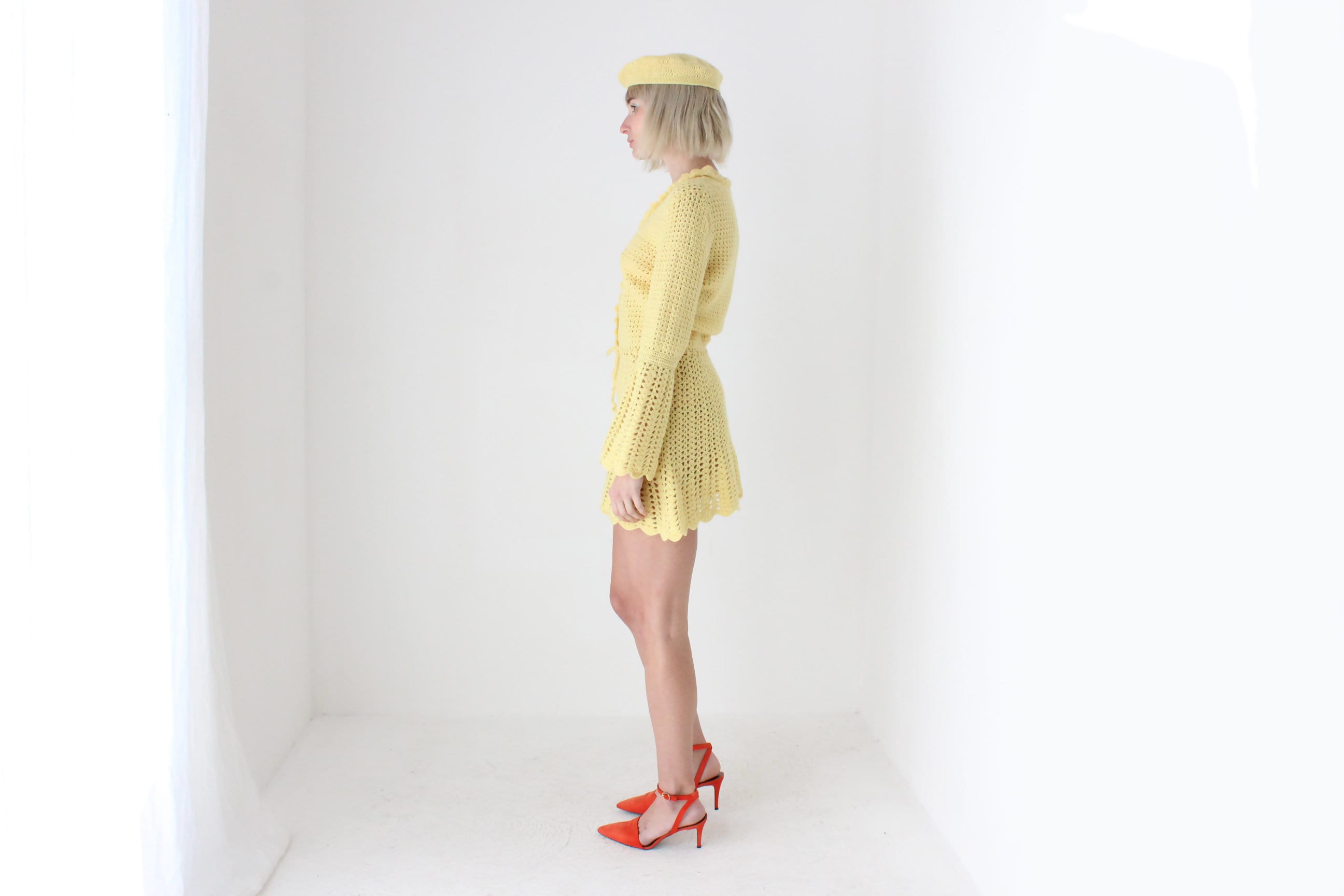 70s Hand Knit Lemon Yellow Mini Dress w/ Matching Beret