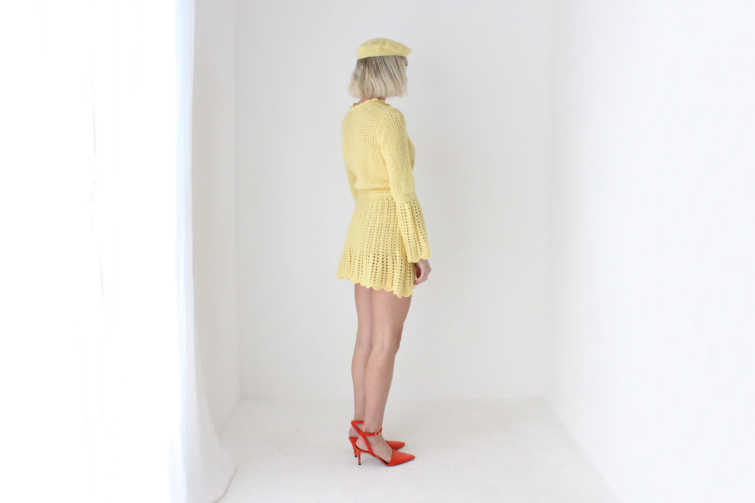 70s Hand Knit Lemon Yellow Mini Dress w/ Matching Beret