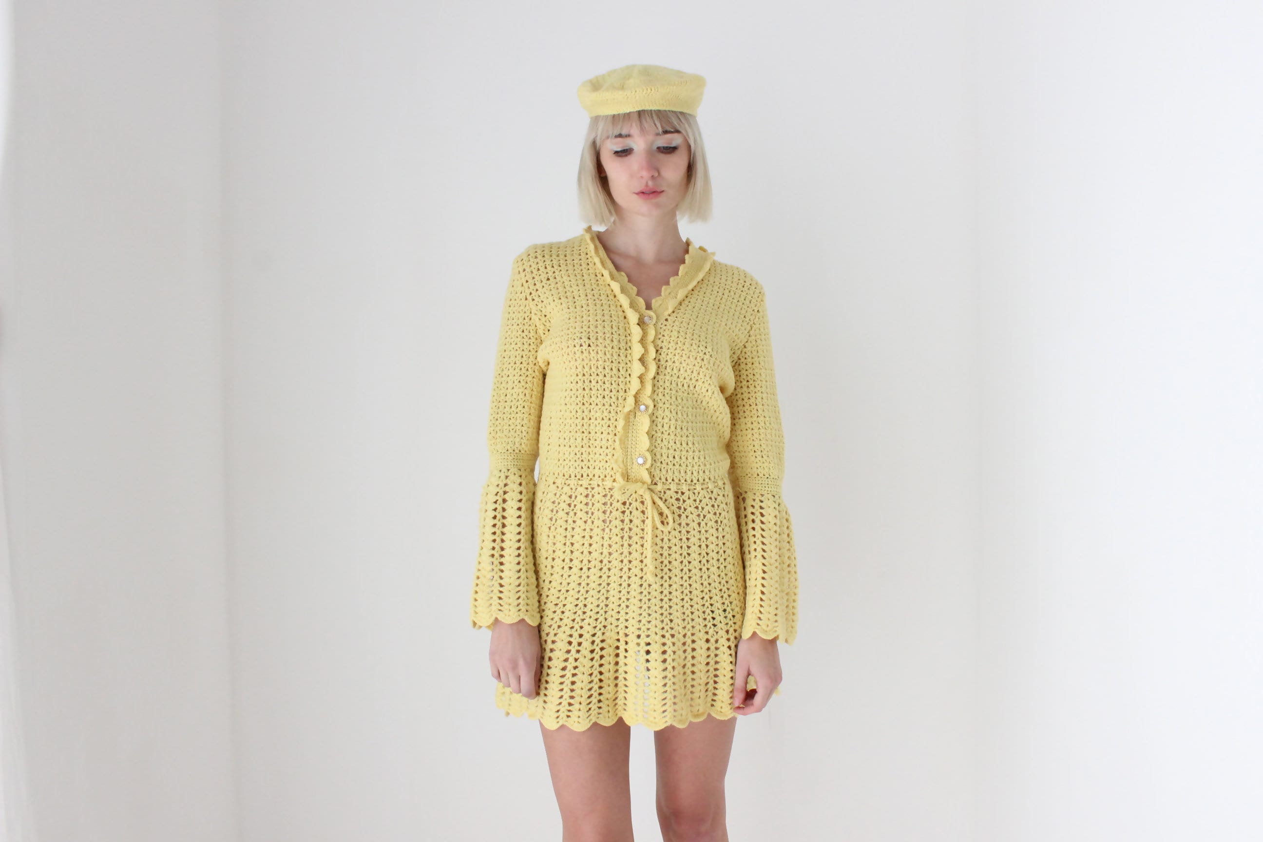 70s Hand Knit Lemon Yellow Mini Dress w/ Matching Beret