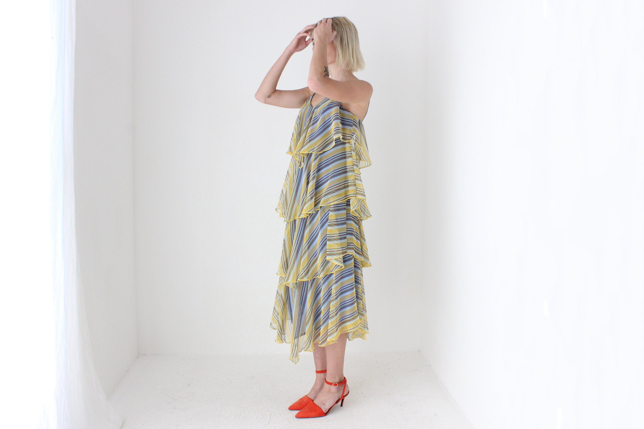 70s Layered Poly Chiffon Ruffle Dress