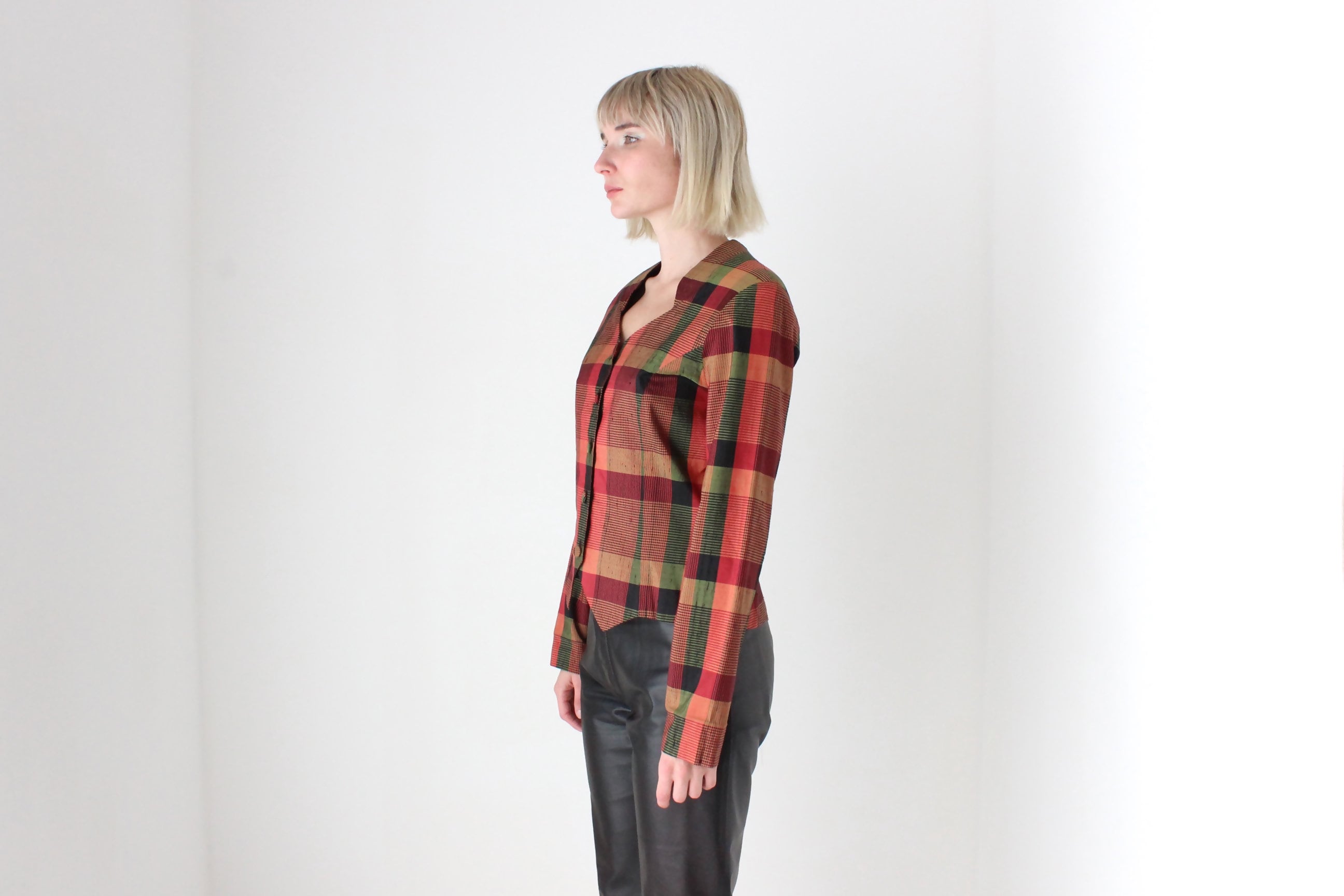 80s Tartan Raw Silk Westwood-Esque Button Up Bustier Top