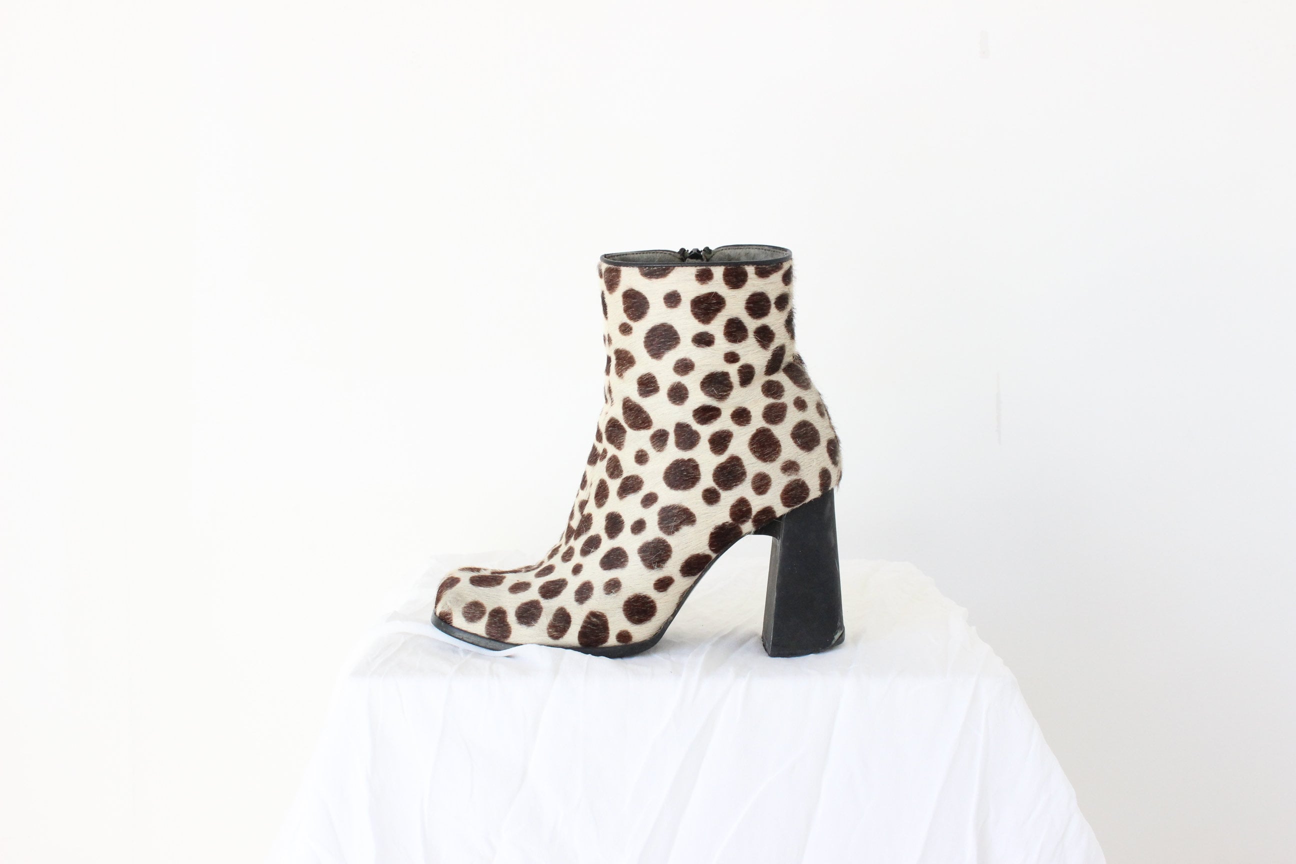 90s Pony Fur / Calfskin Polka Dot Animal Spot Boots - Euro 39